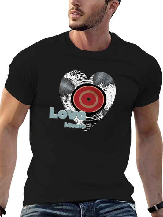 Love Music Vinyl Record Heart T-Shirt - Black