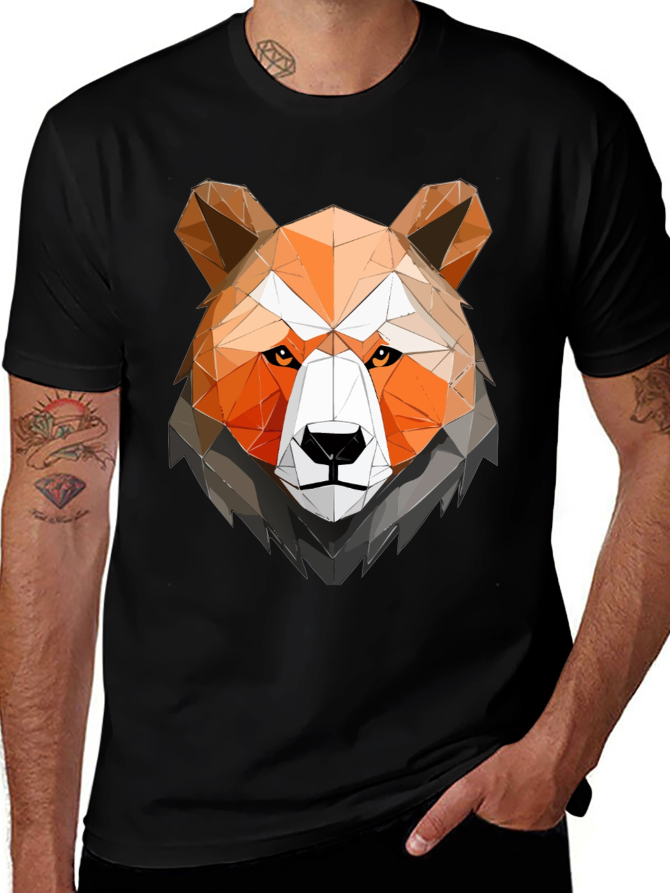Geometric Bear Head Graphic Tee - Black Cotton Shirt
