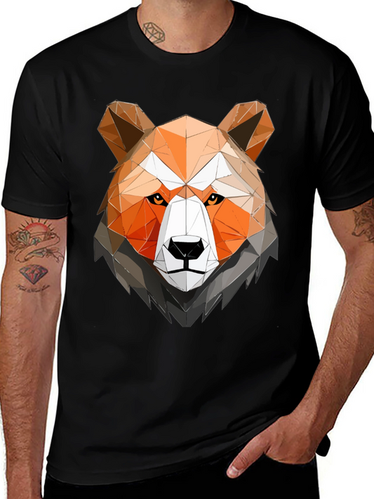 Geometric Bear Head Graphic Tee - Black Cotton Shirt
