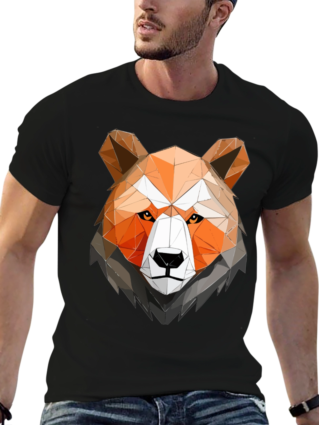Geometric Bear Head Graphic Tee - Black Cotton Shirt