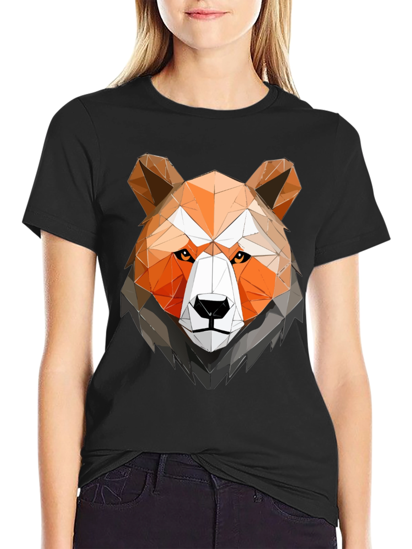 Geometric Bear Head Graphic Tee - Black Cotton Shirt
