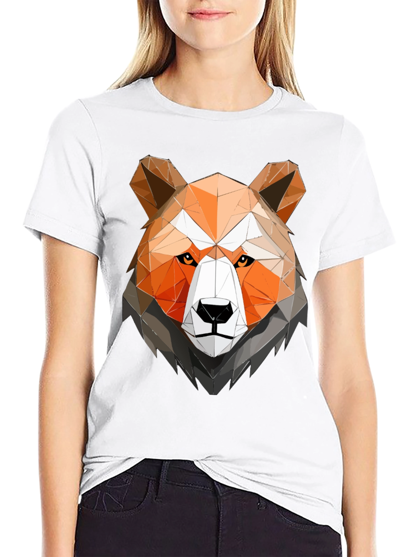 Geometric Bear Head Graphic Tee - Black Cotton Shirt