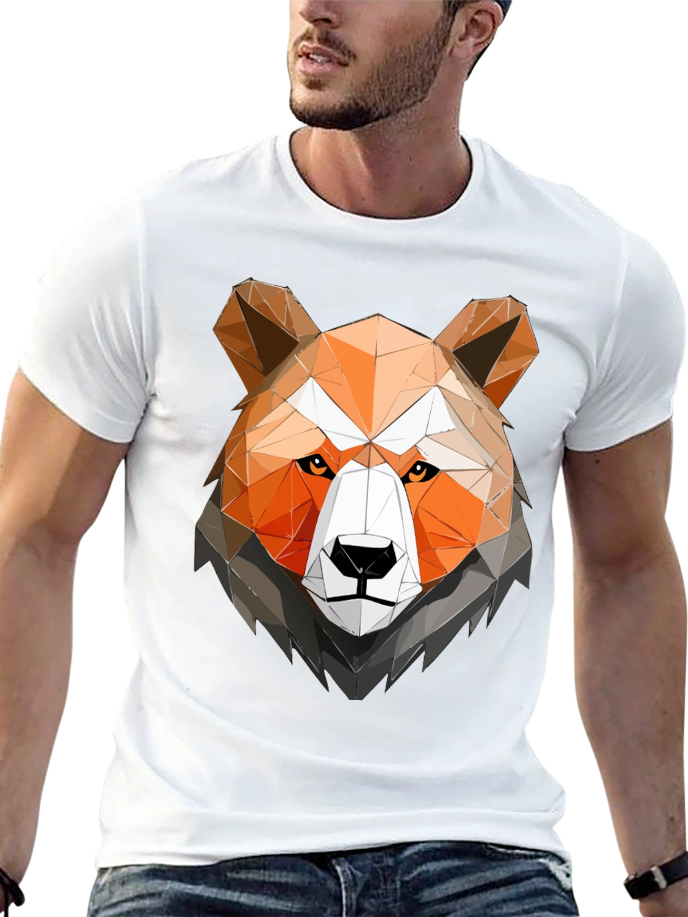 Geometric Bear Head Graphic Tee - Black Cotton Shirt