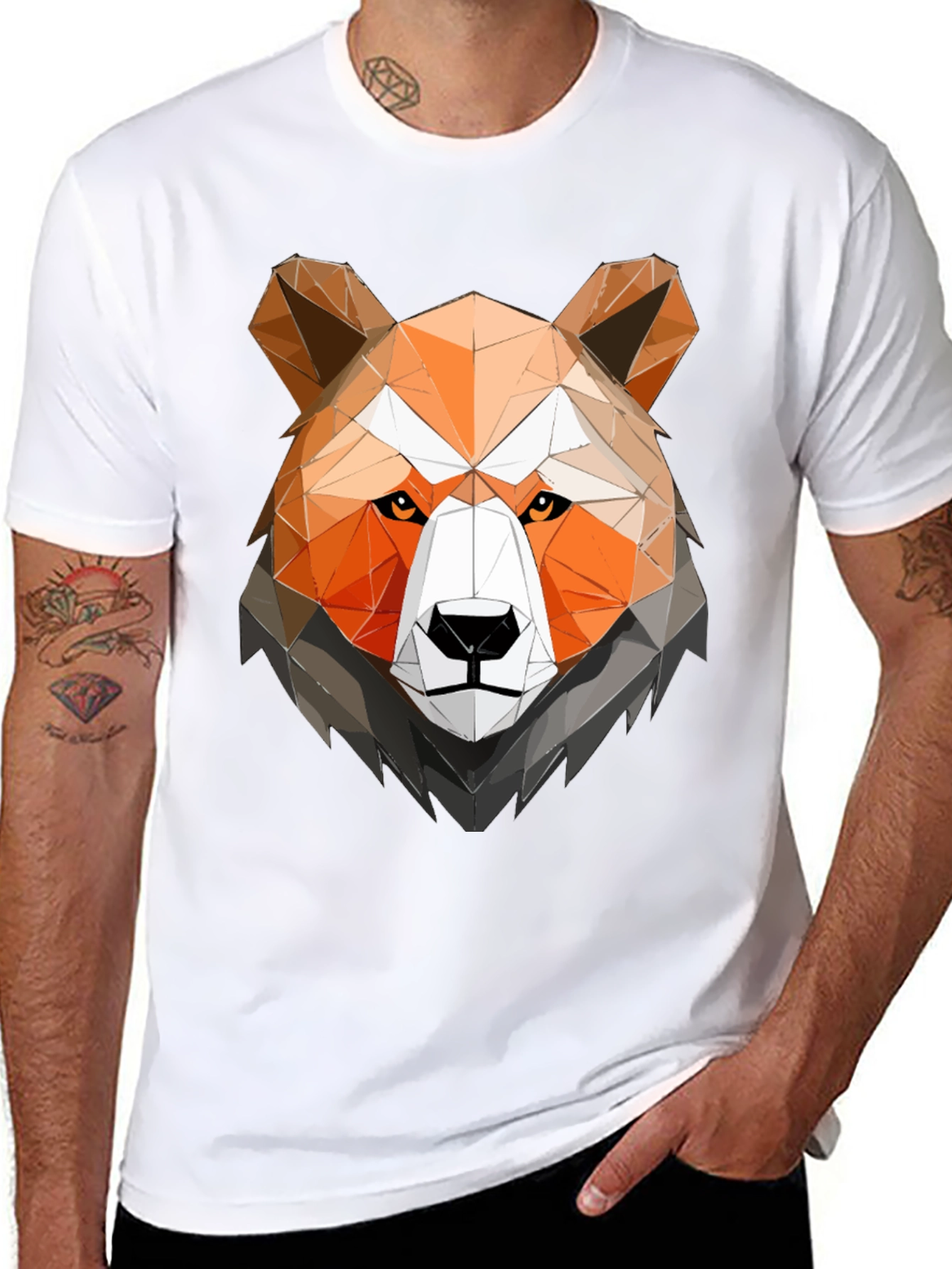 Geometric Bear Head Graphic Tee - Black Cotton Shirt
