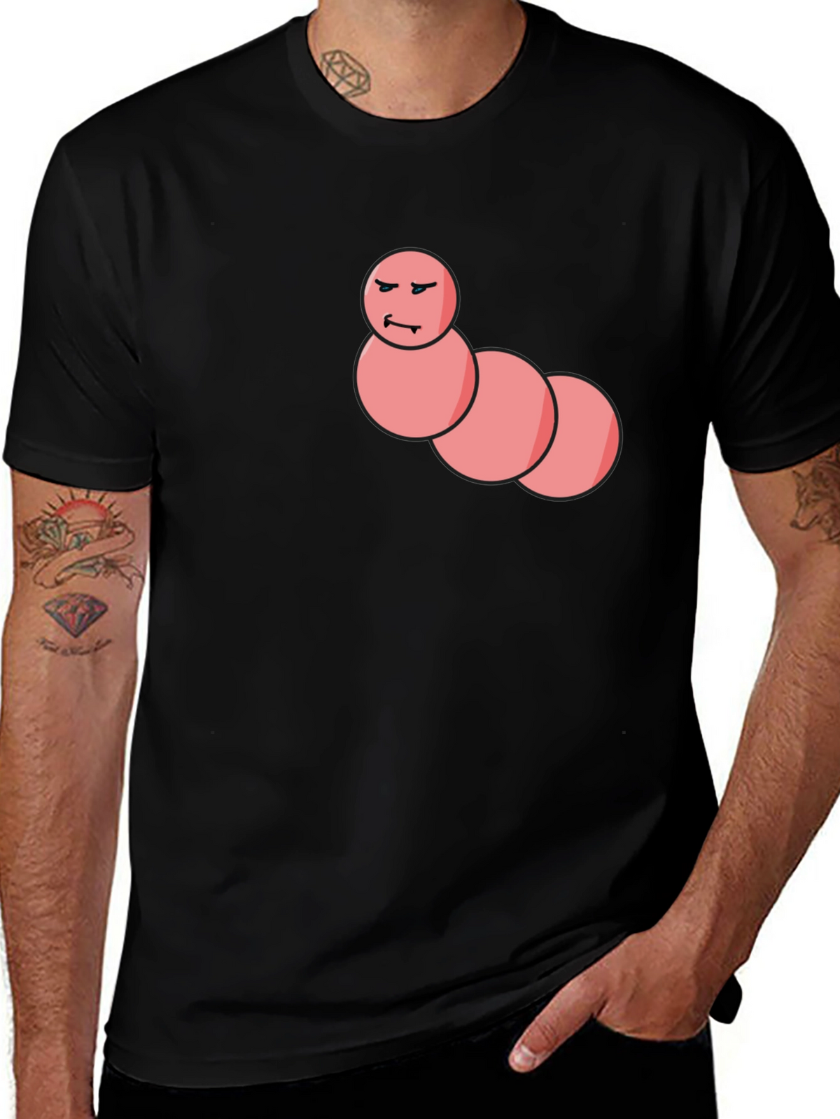 Mens Black T-Shirt with Funny Worm Graphic