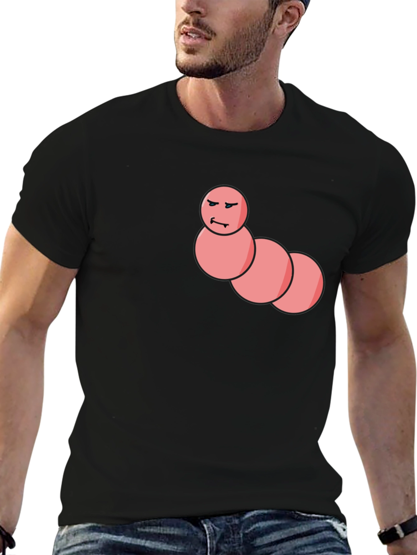 Mens Black T-Shirt with Funny Worm Graphic
