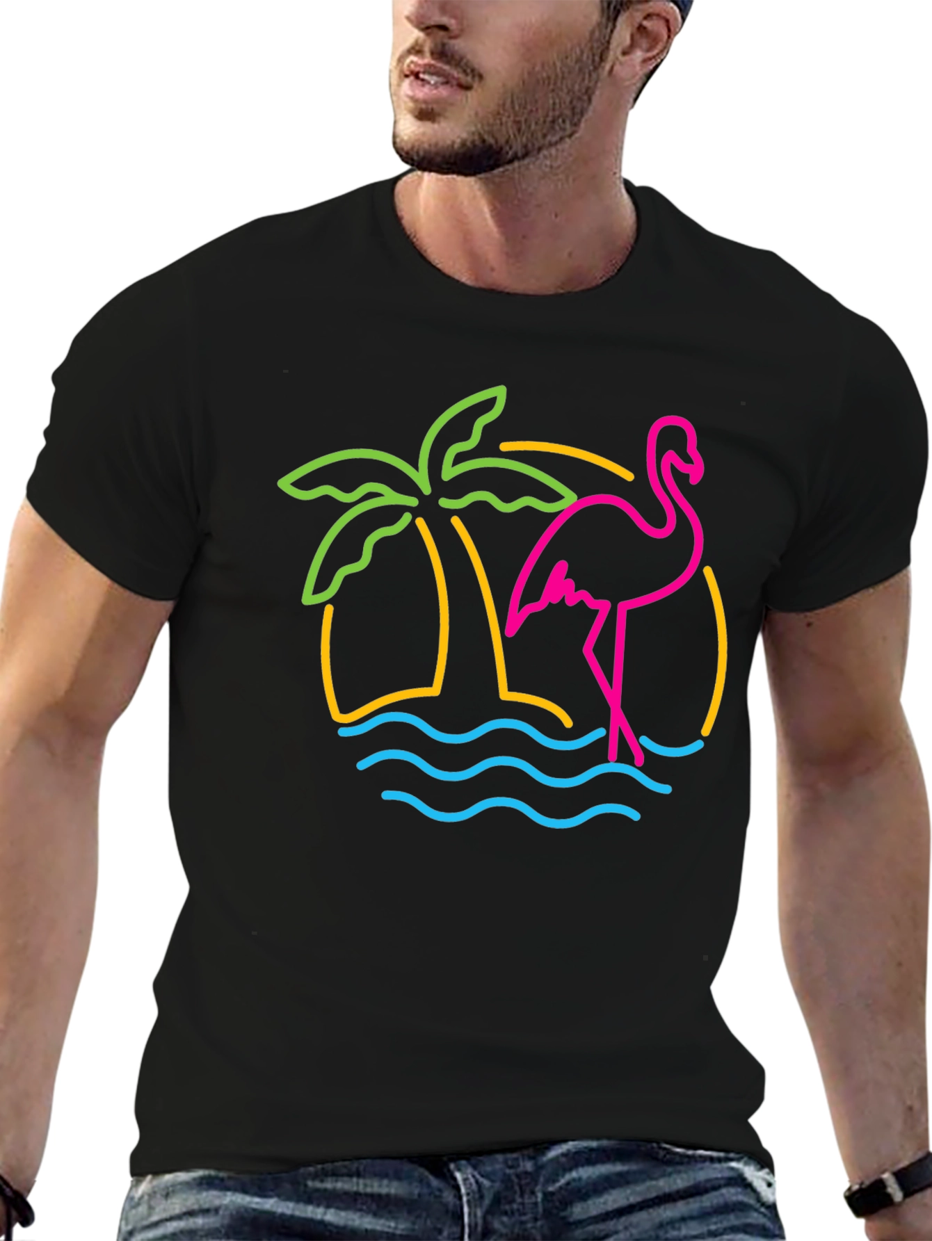 Neon Flamingo T-Shirt - Tropical Palm Tree Design