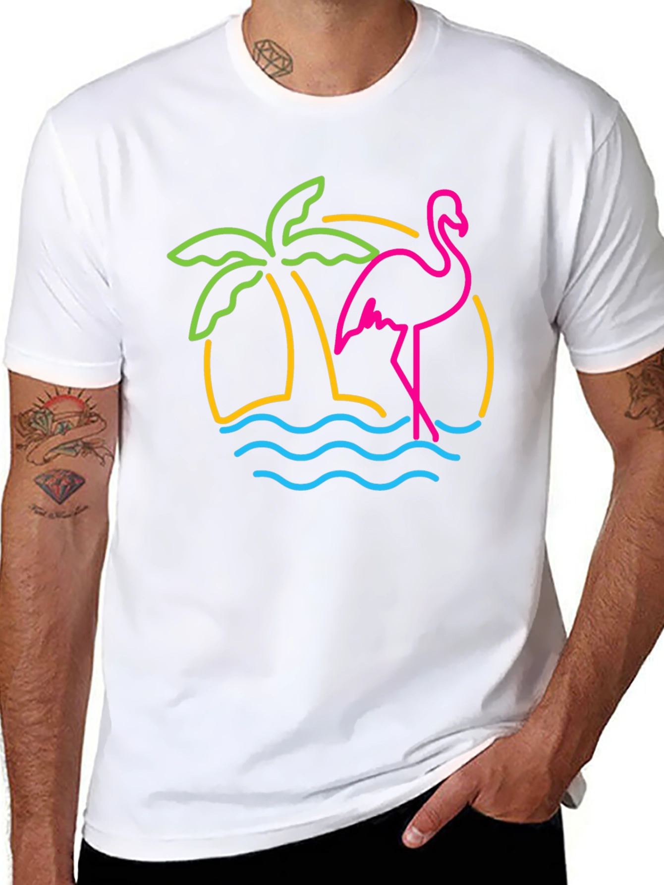 Neon Flamingo T-Shirt - Tropical Palm Tree Design