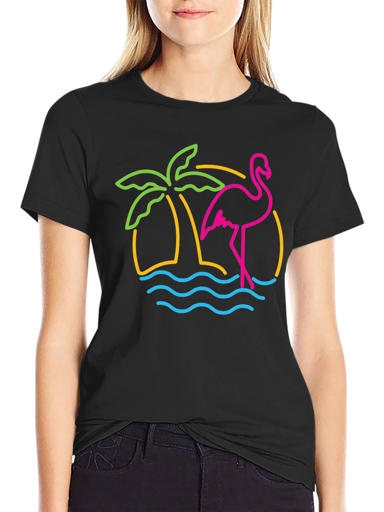 Neon Flamingo T-Shirt - Tropical Palm Tree Design