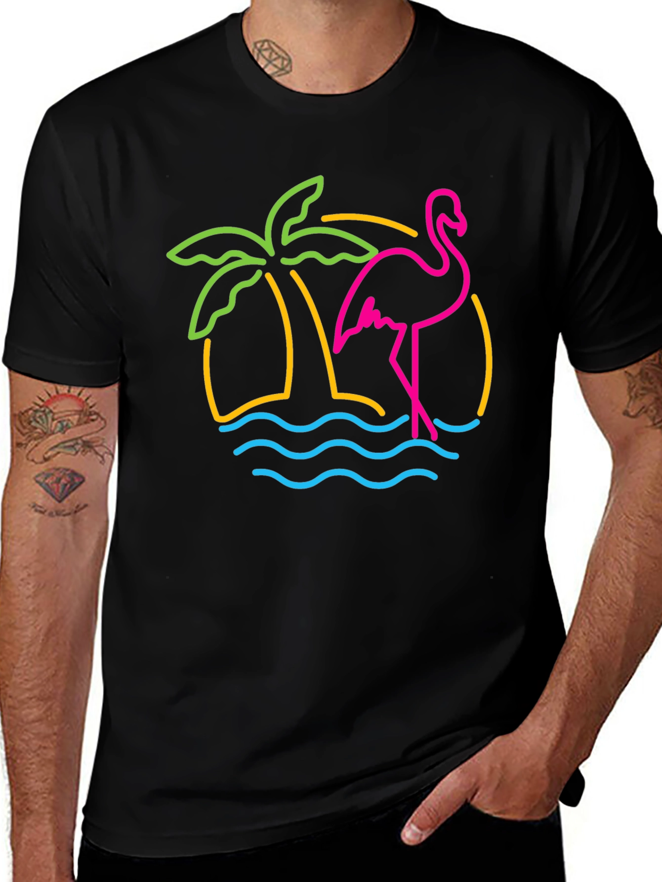 Neon Flamingo T-Shirt - Tropical Palm Tree Design