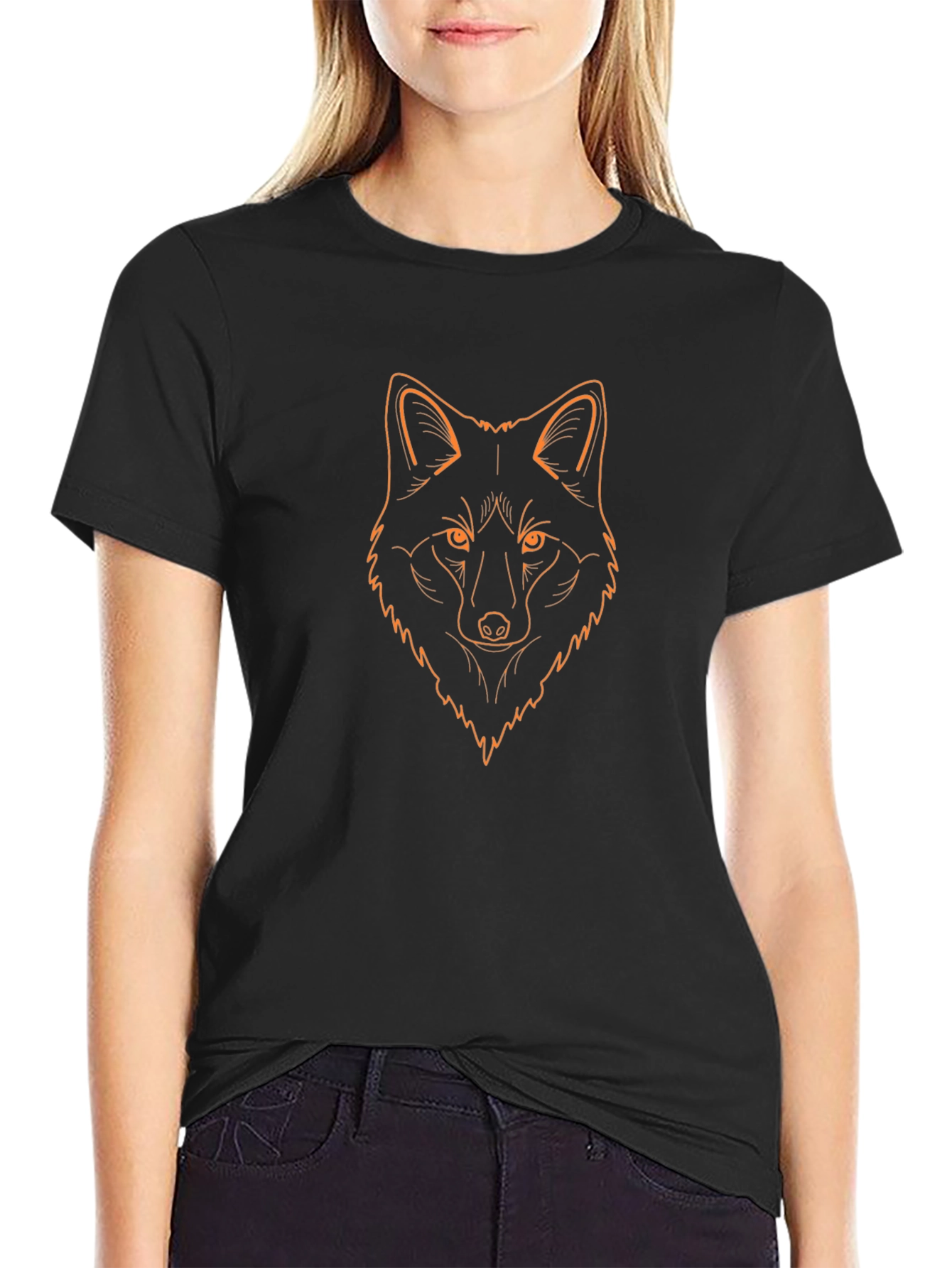Black T-Shirt with Orange Fox Head Outline Design