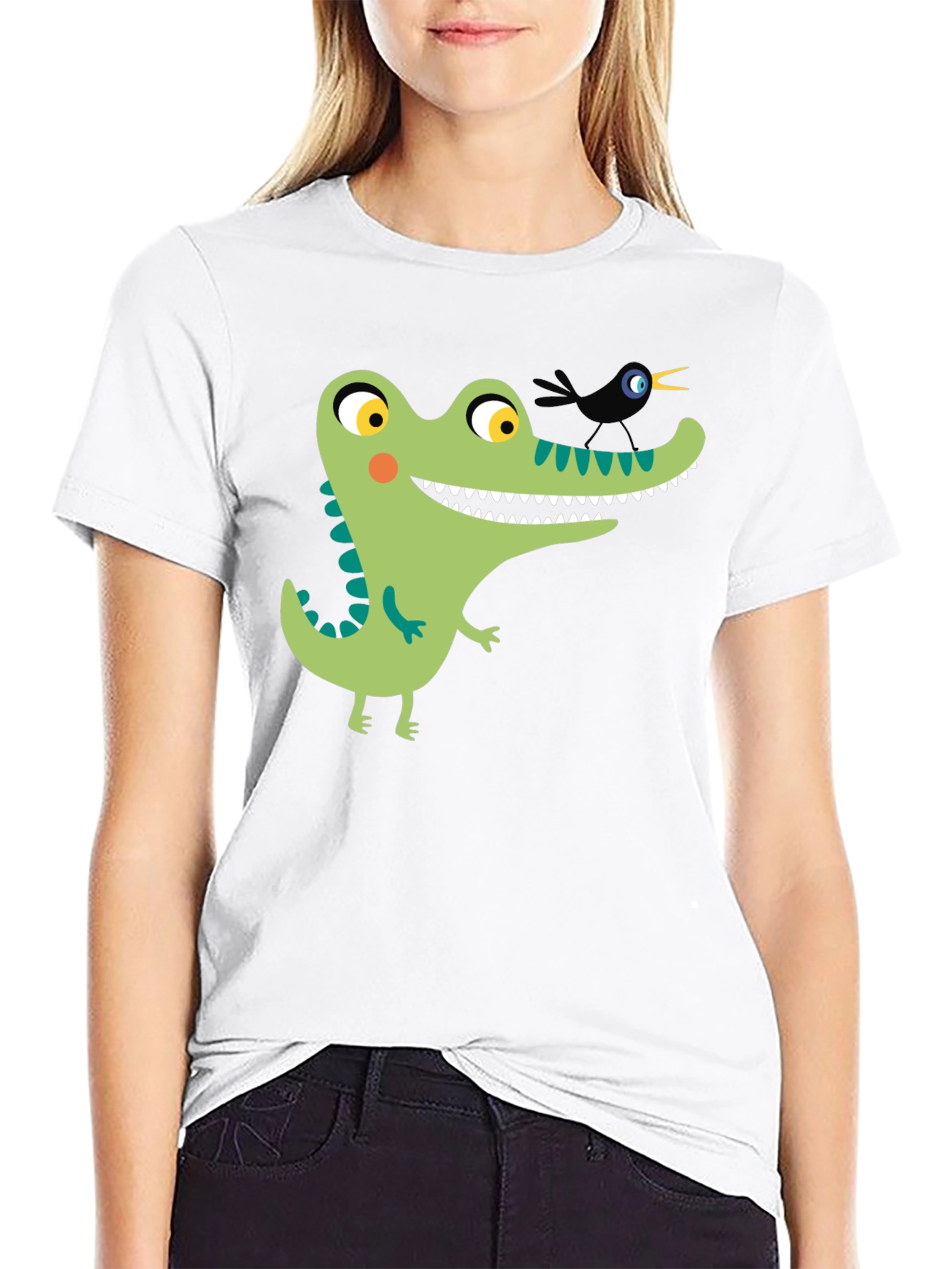 Cartoon Alligator Graphic Tee - Black Cotton