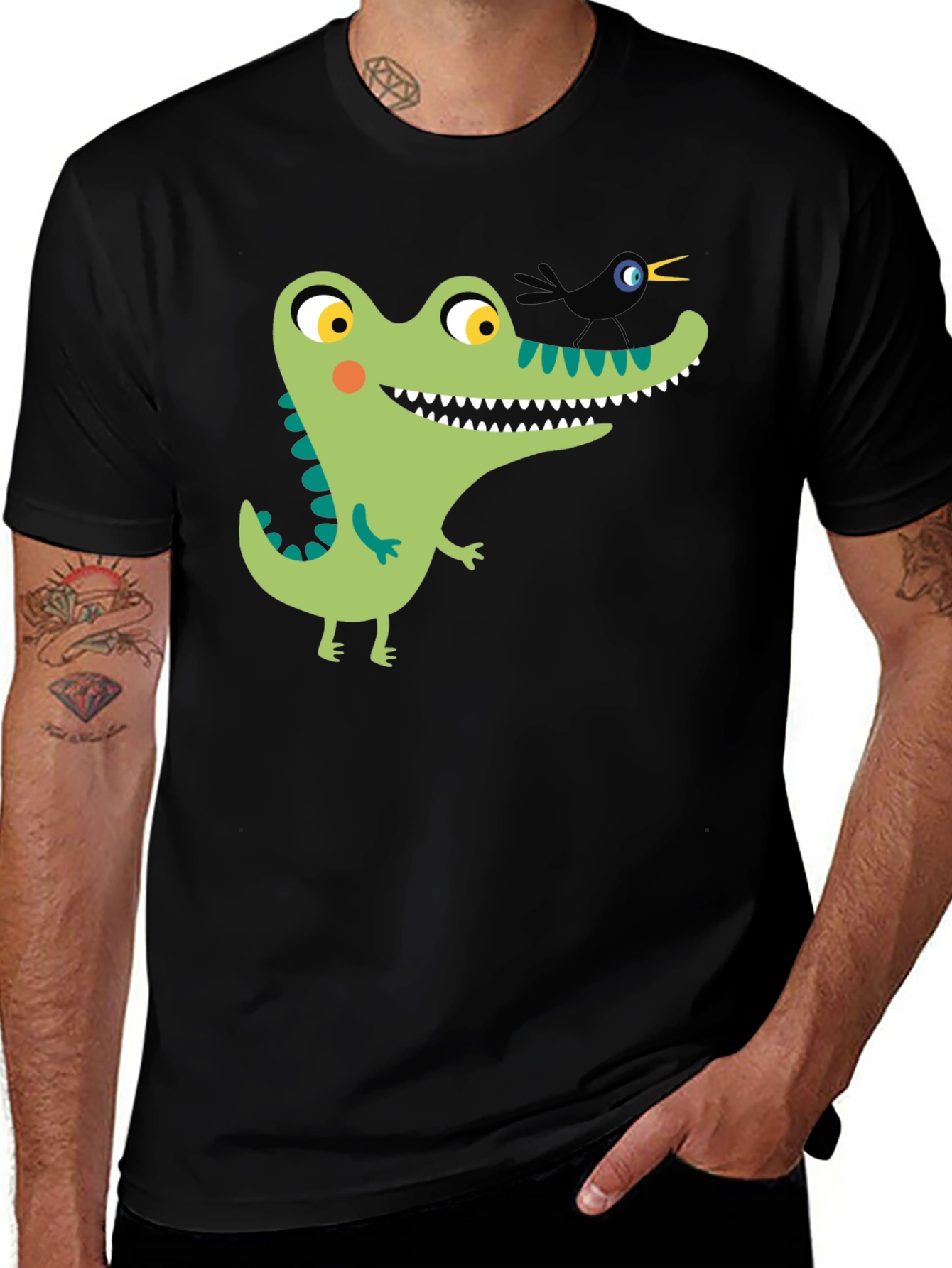 Cartoon Alligator Graphic Tee - Black Cotton