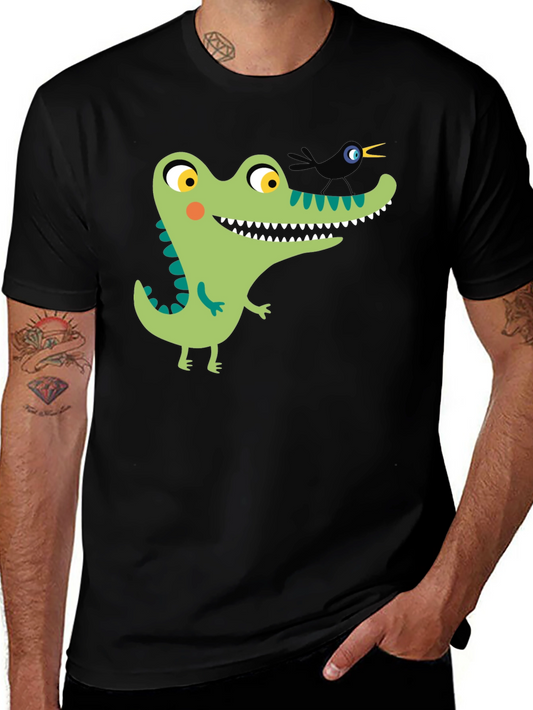 Cartoon Alligator Graphic Tee - Black Cotton