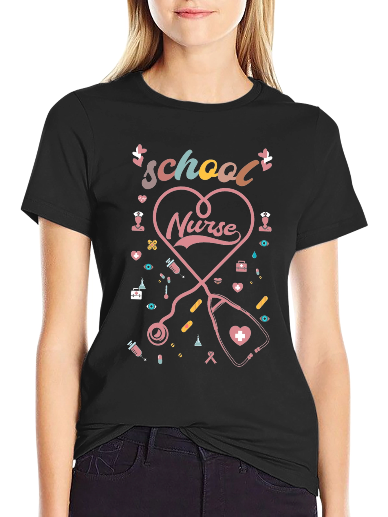 School Nurse Heart Stethoscope Graphic Tee