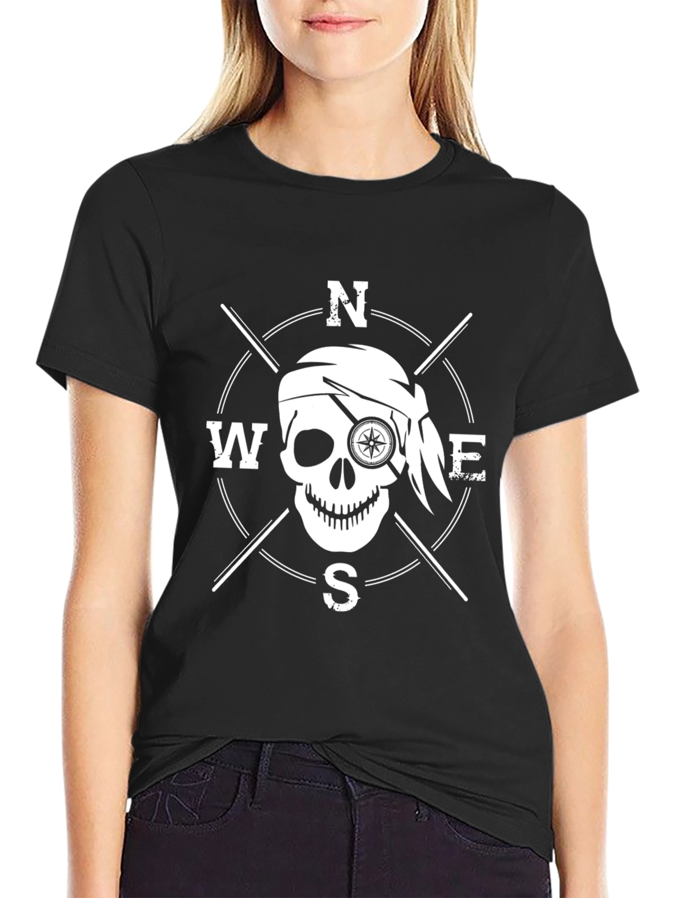 Pirate Compass Skull Graphic T-Shirt - Black