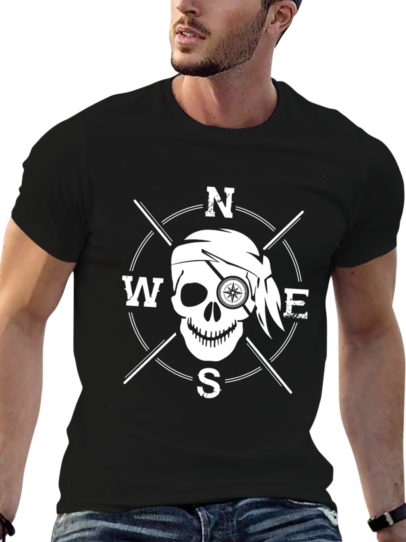 Pirate Compass Skull Graphic T-Shirt - Black