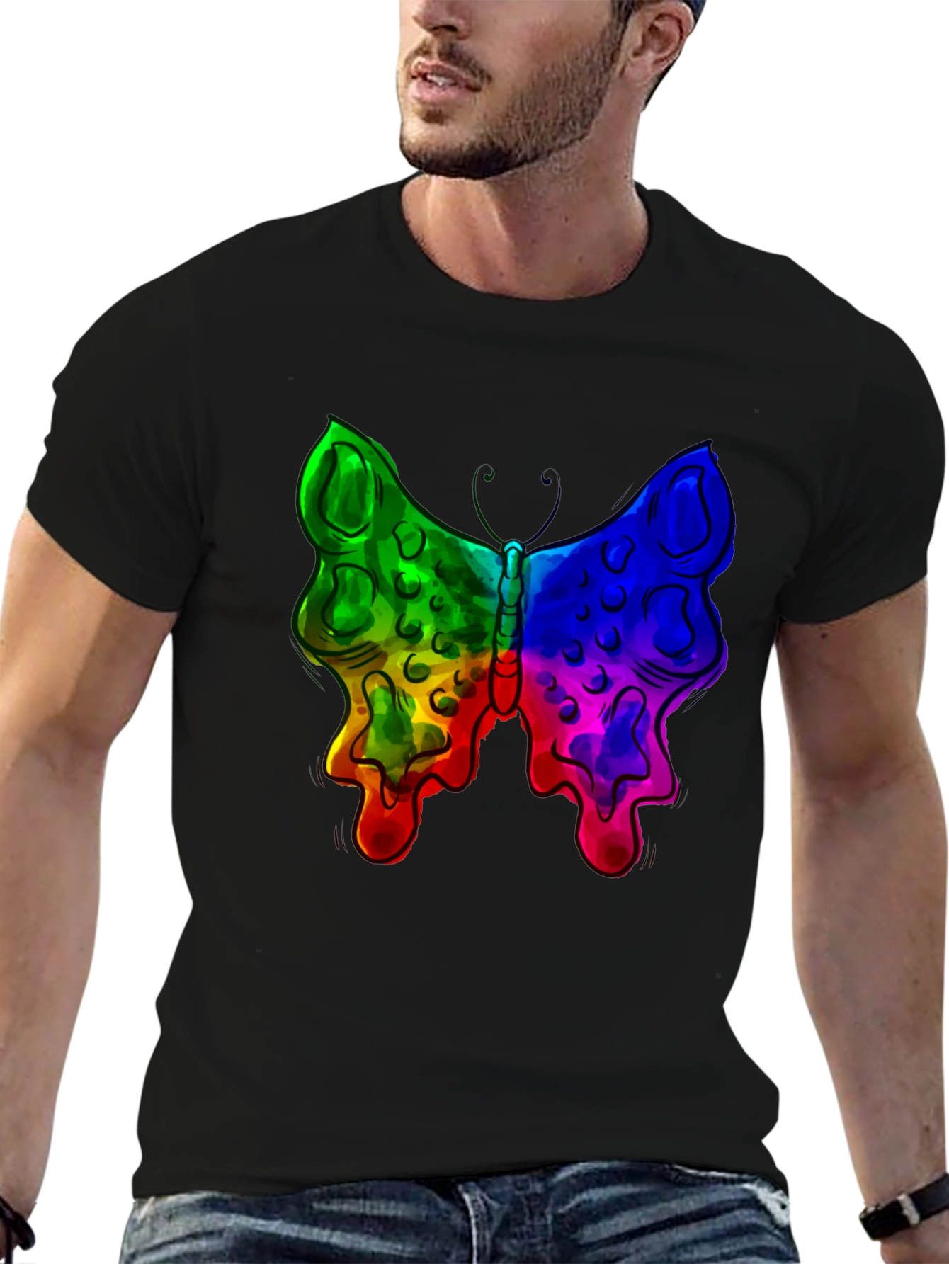 Rainbow Butterfly Graphic Black T-Shirt