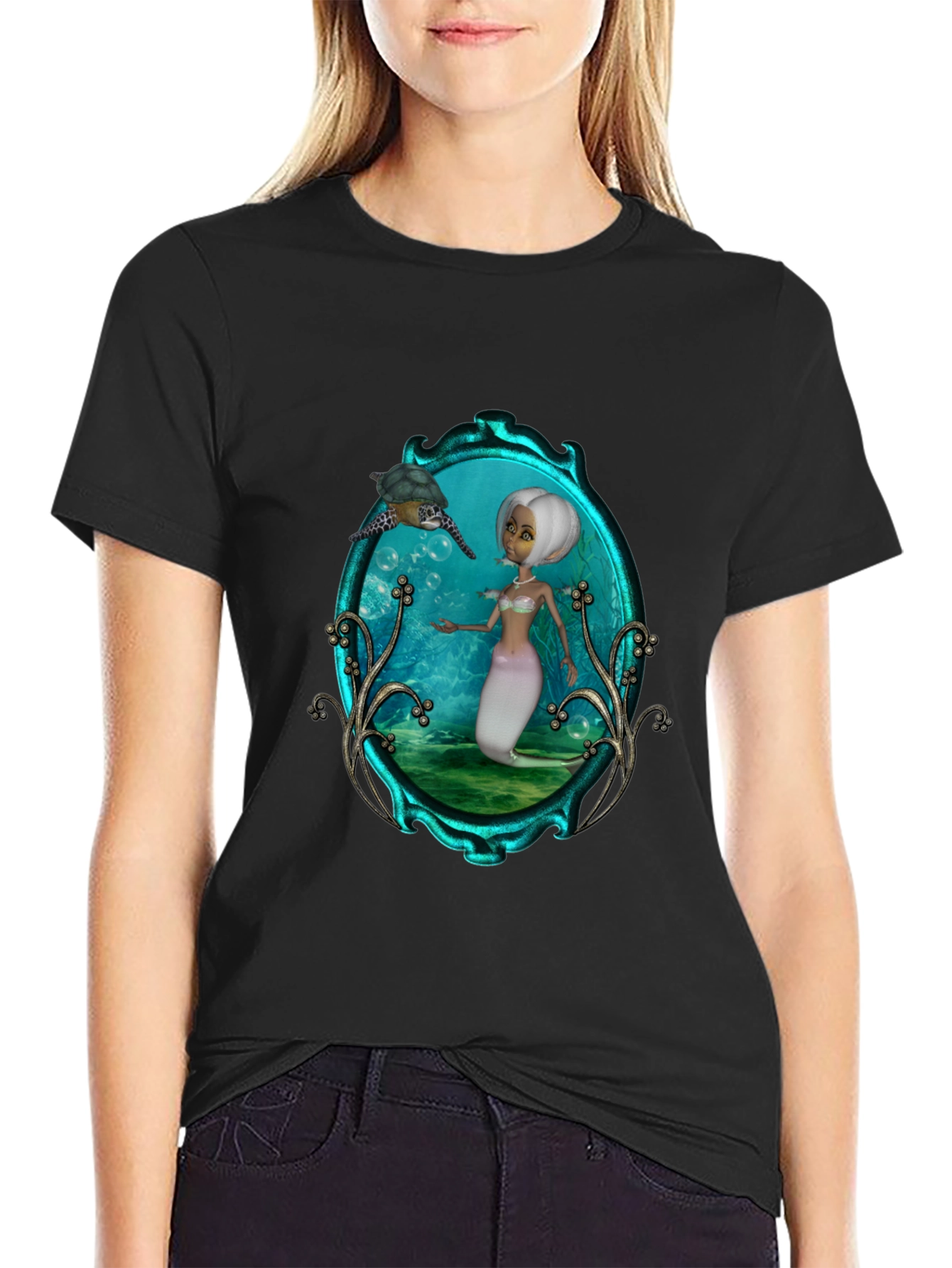 Mermaid & Turtle Graphic Tee - Black