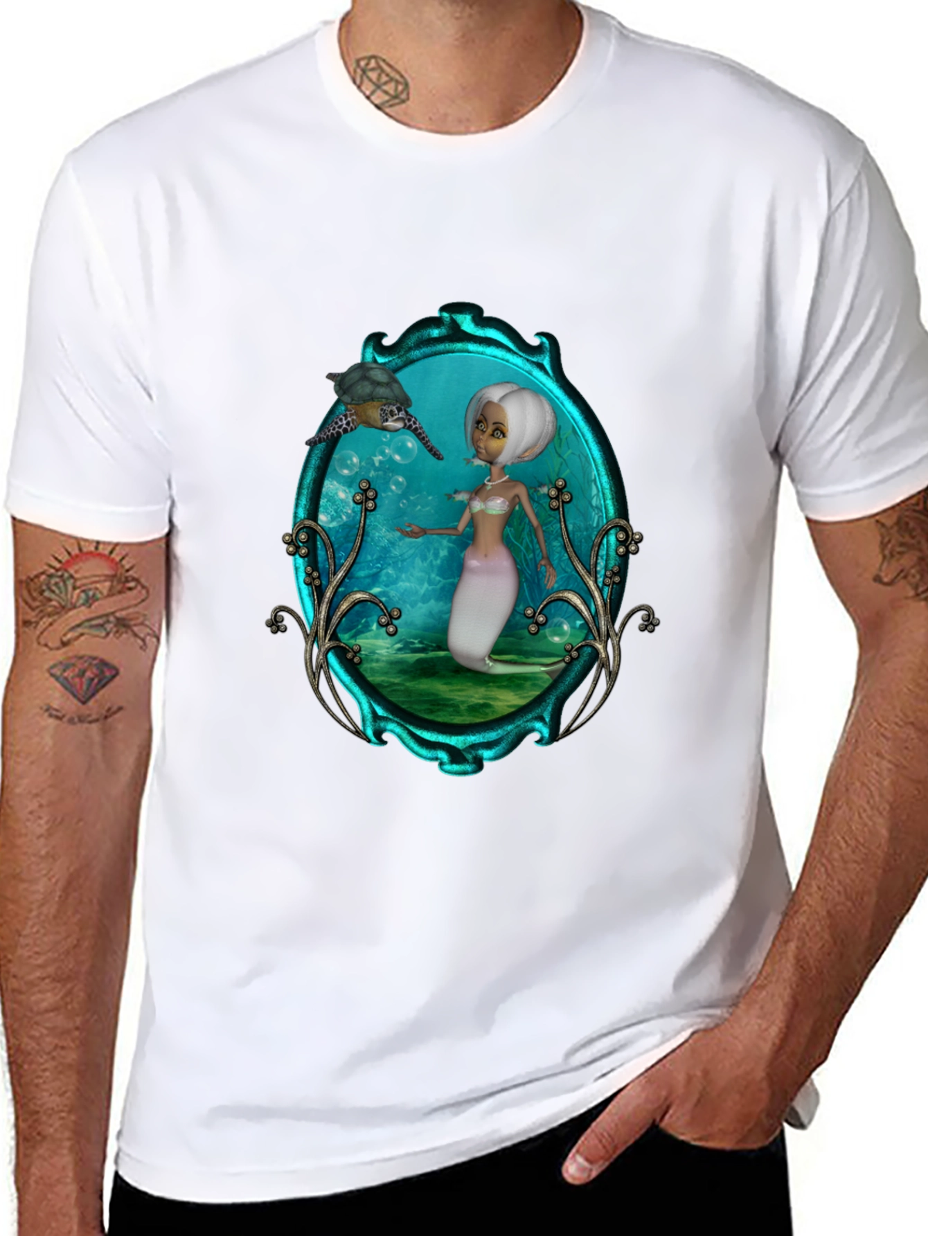 Mermaid & Turtle Graphic Tee - Black