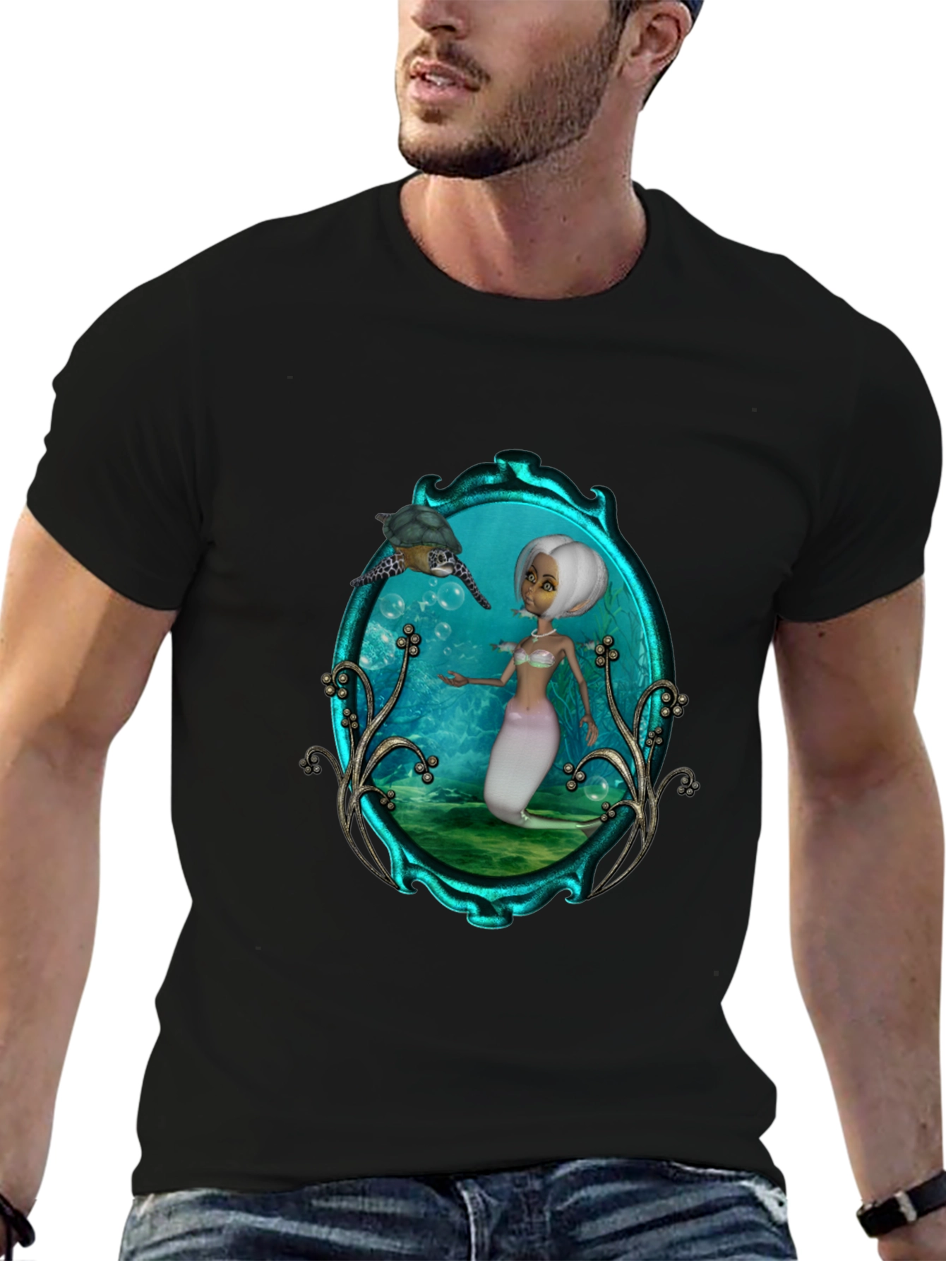 Mermaid & Turtle Graphic Tee - Black