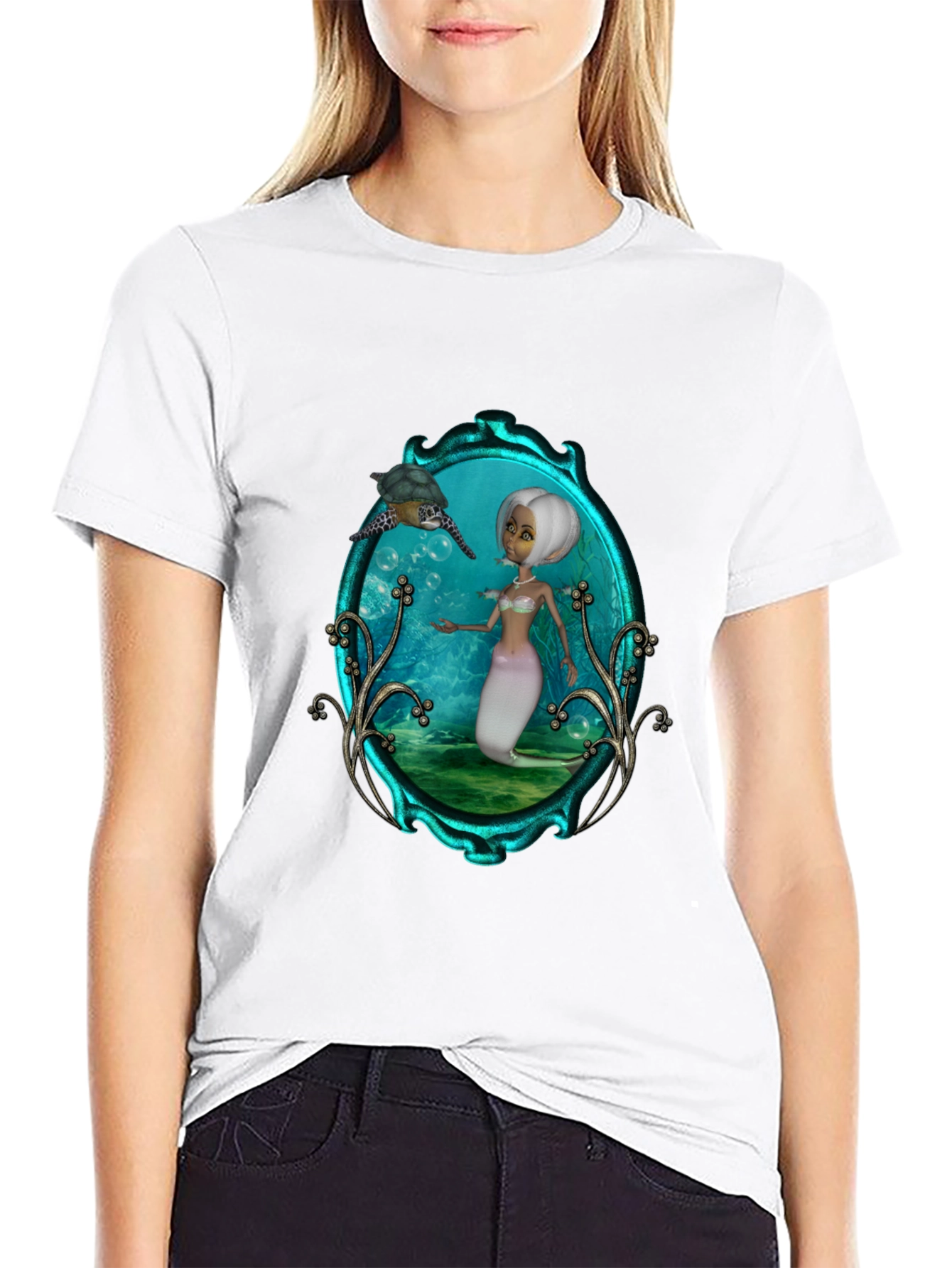 Mermaid & Turtle Graphic Tee - Black