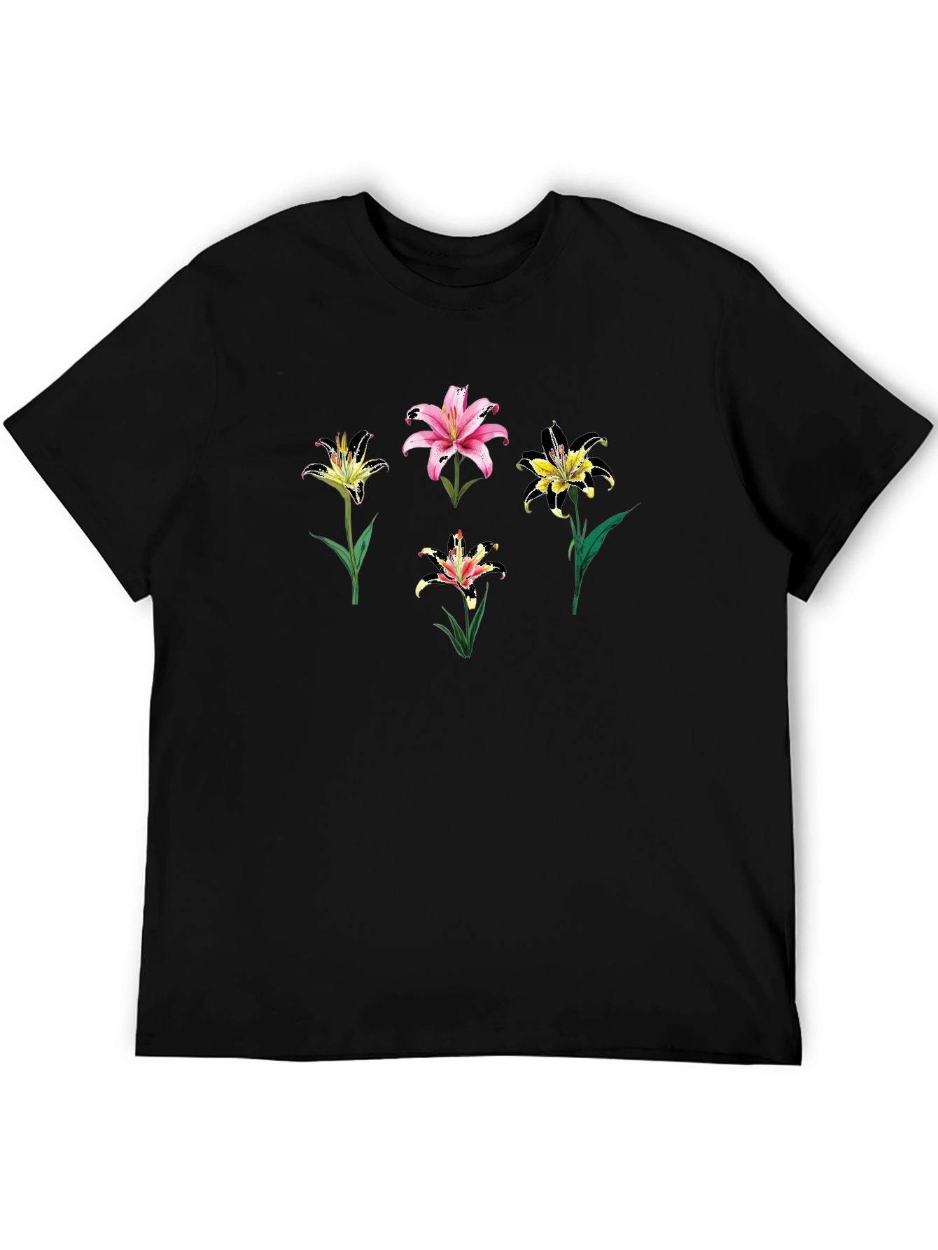 Floral Lily Print Black T-Shirt