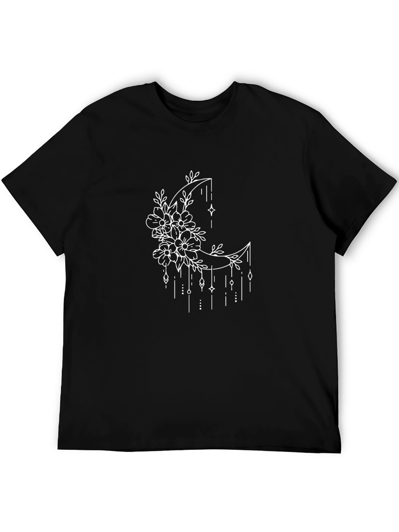 Floral Moon Graphic Tee - Black Casual T-Shirt