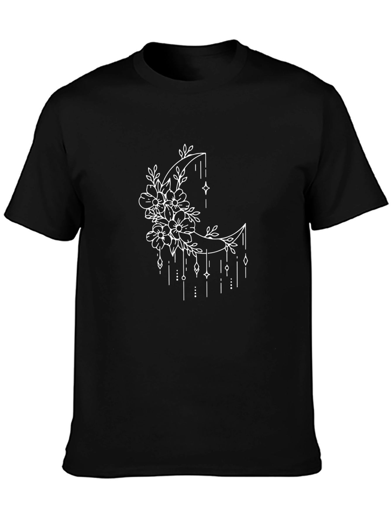 Floral Moon Graphic Tee - Black Casual T-Shirt