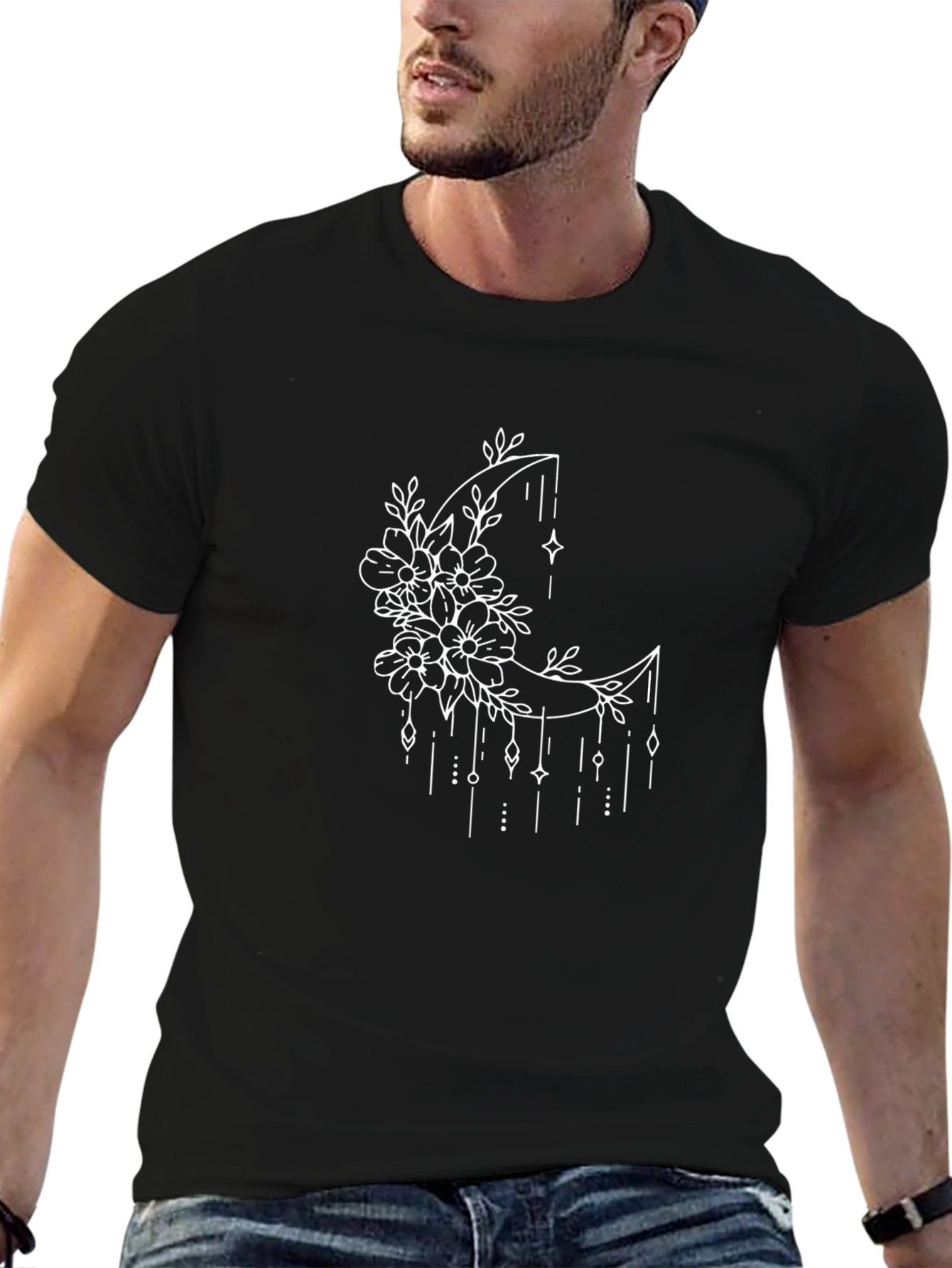 Floral Moon Graphic Tee - Black Casual T-Shirt