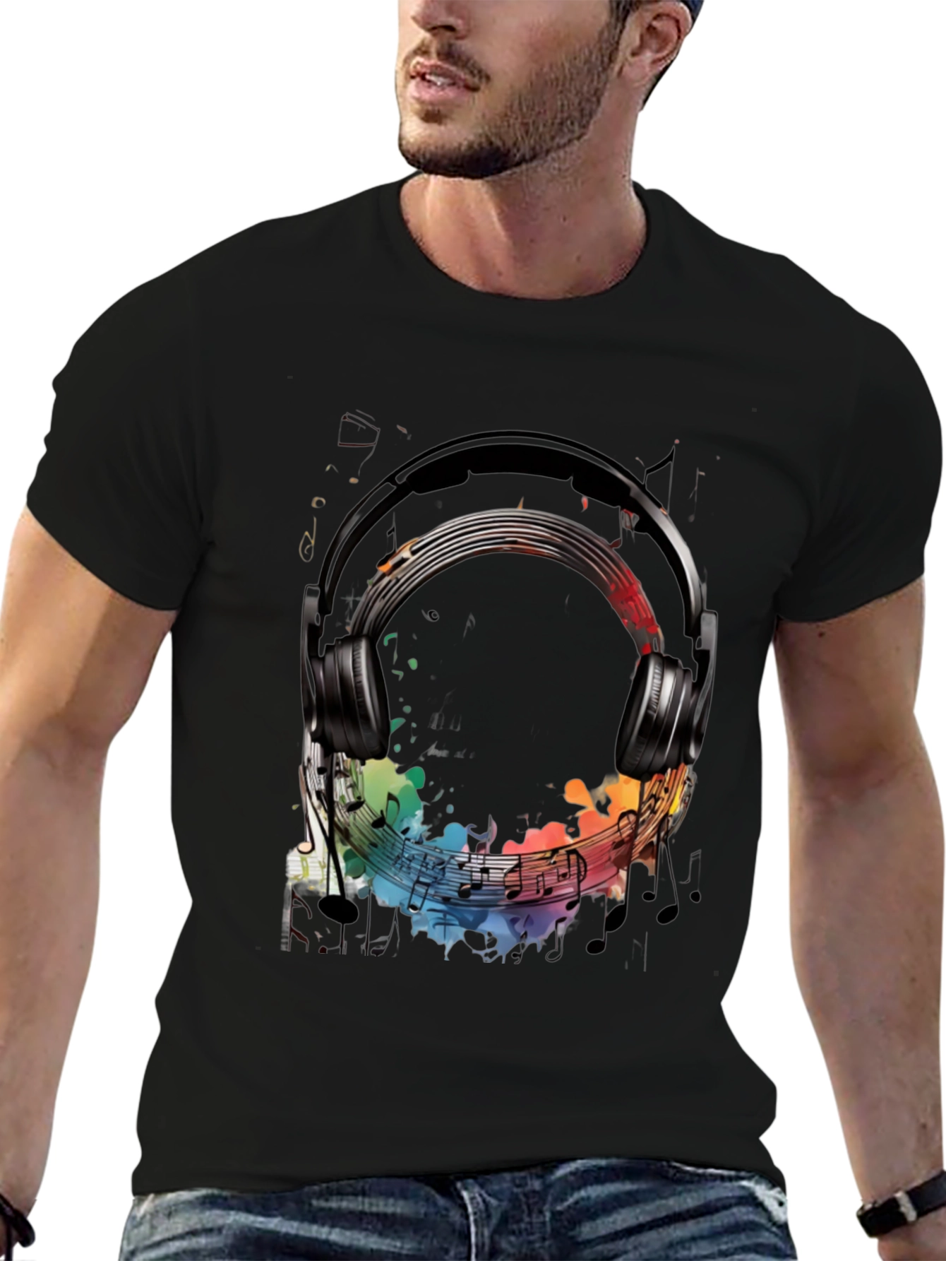 Music Headphone Graphic Tee - Black Cotton T-Shirt