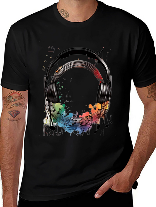 Music Headphone Graphic Tee - Black Cotton T-Shirt