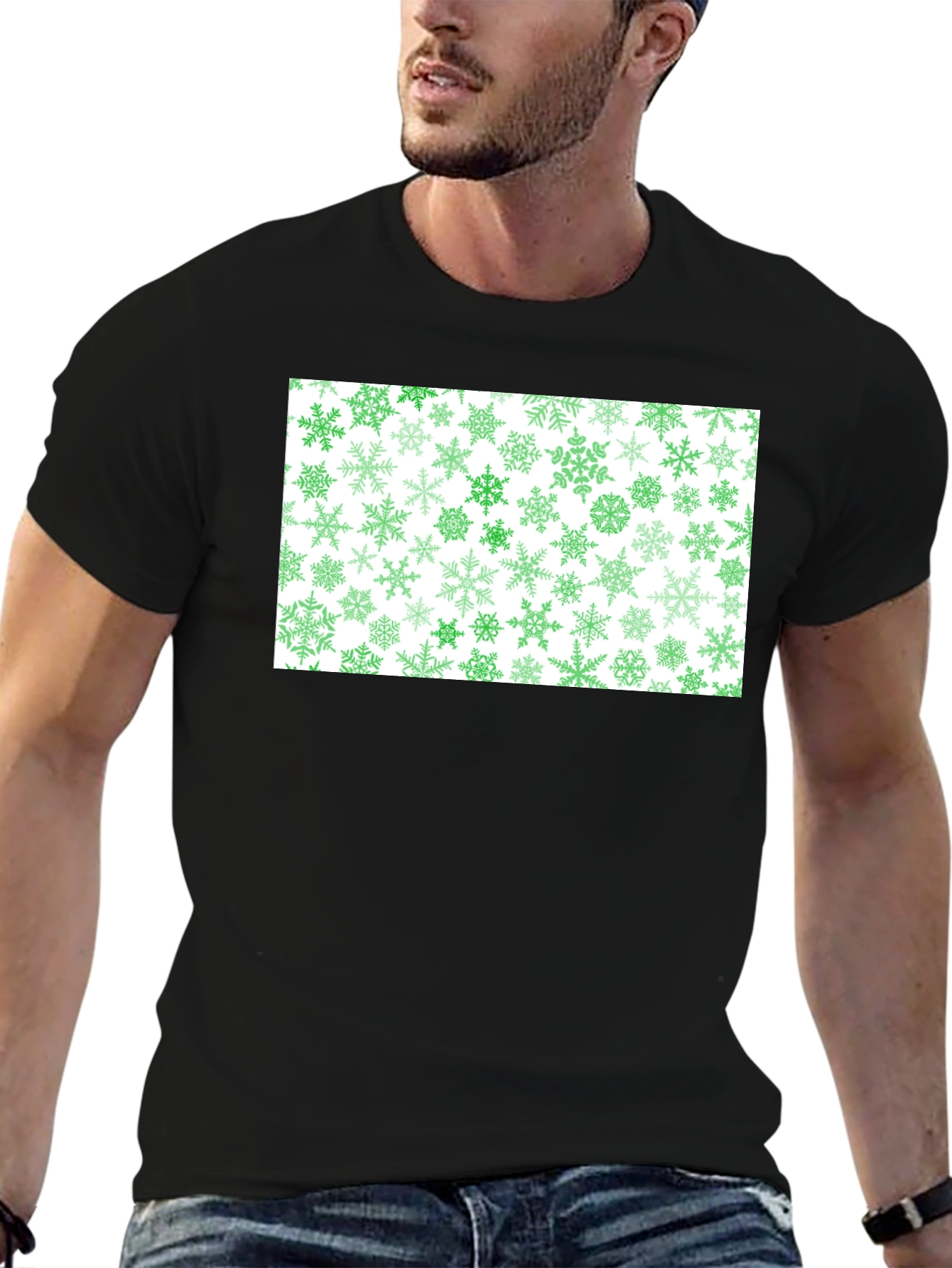 Green Snowflake Pattern Black Tee