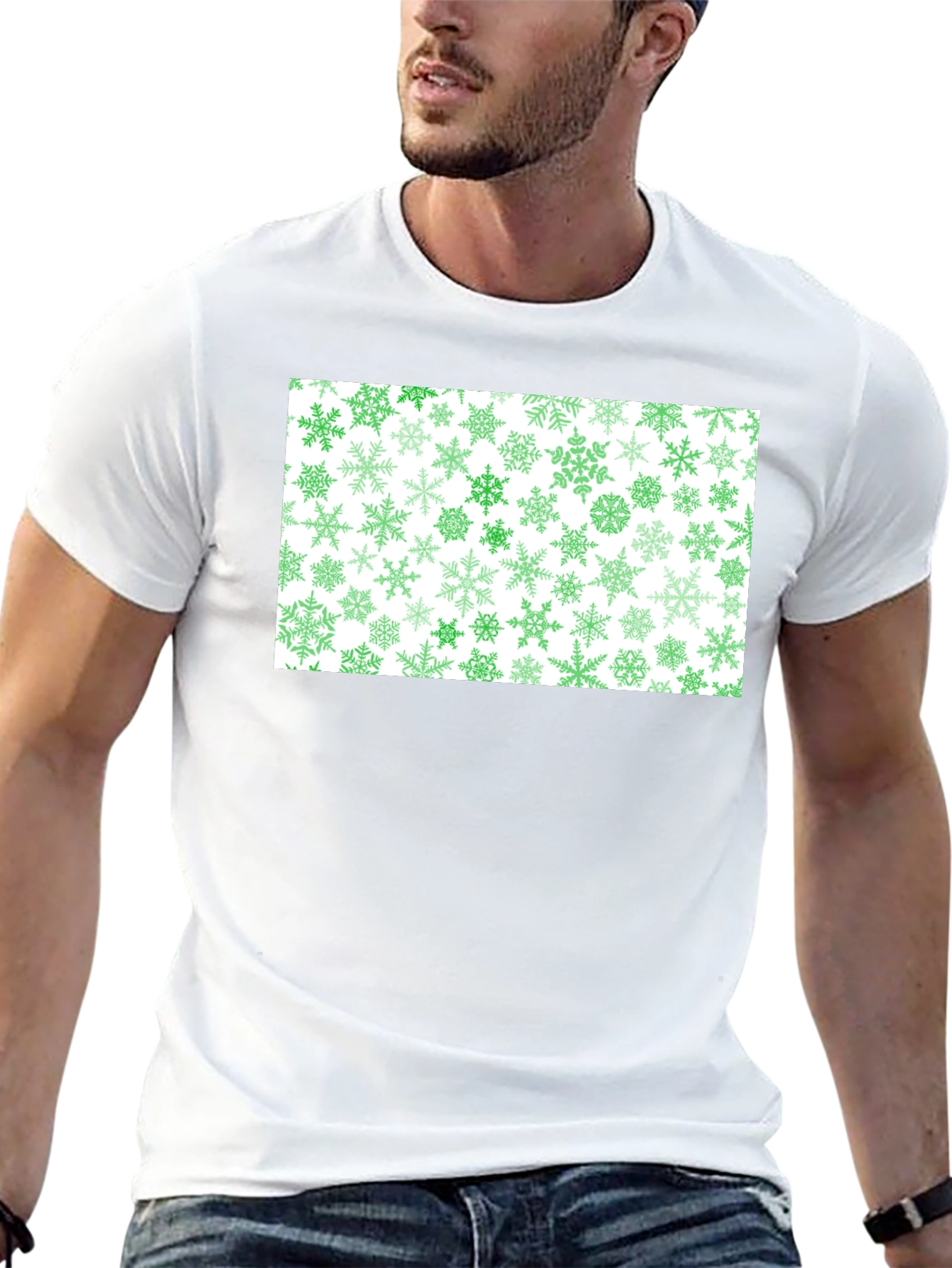Green Snowflake Pattern Black Tee