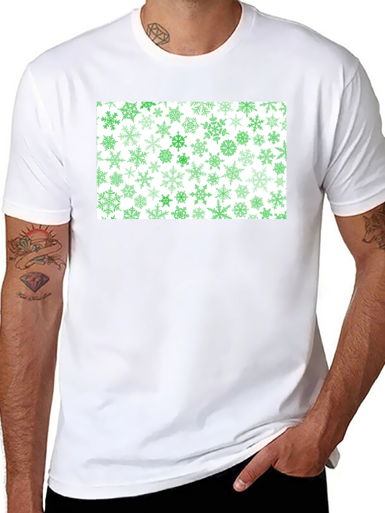 Green Snowflake Pattern Black Tee