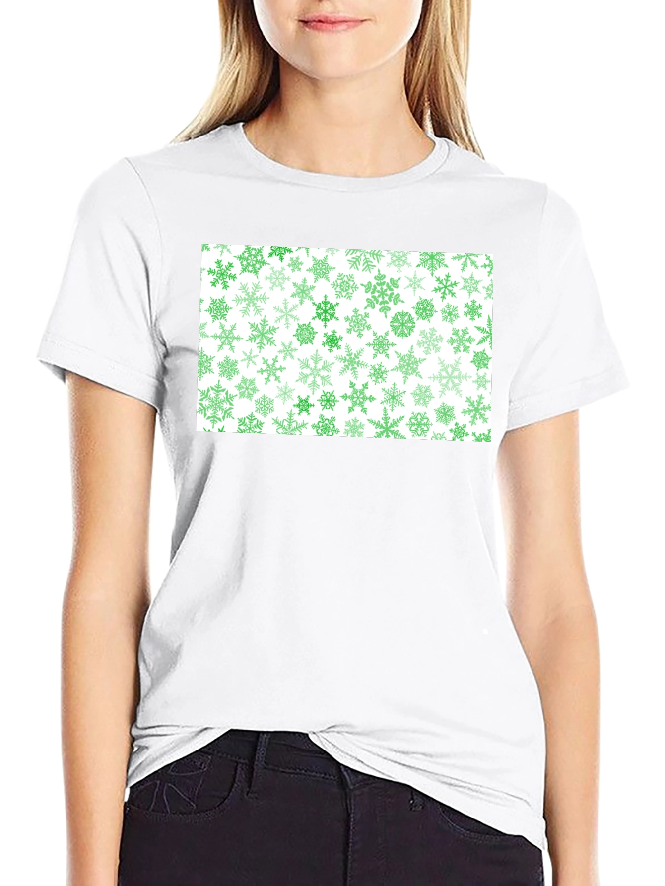 Green Snowflake Pattern Black Tee