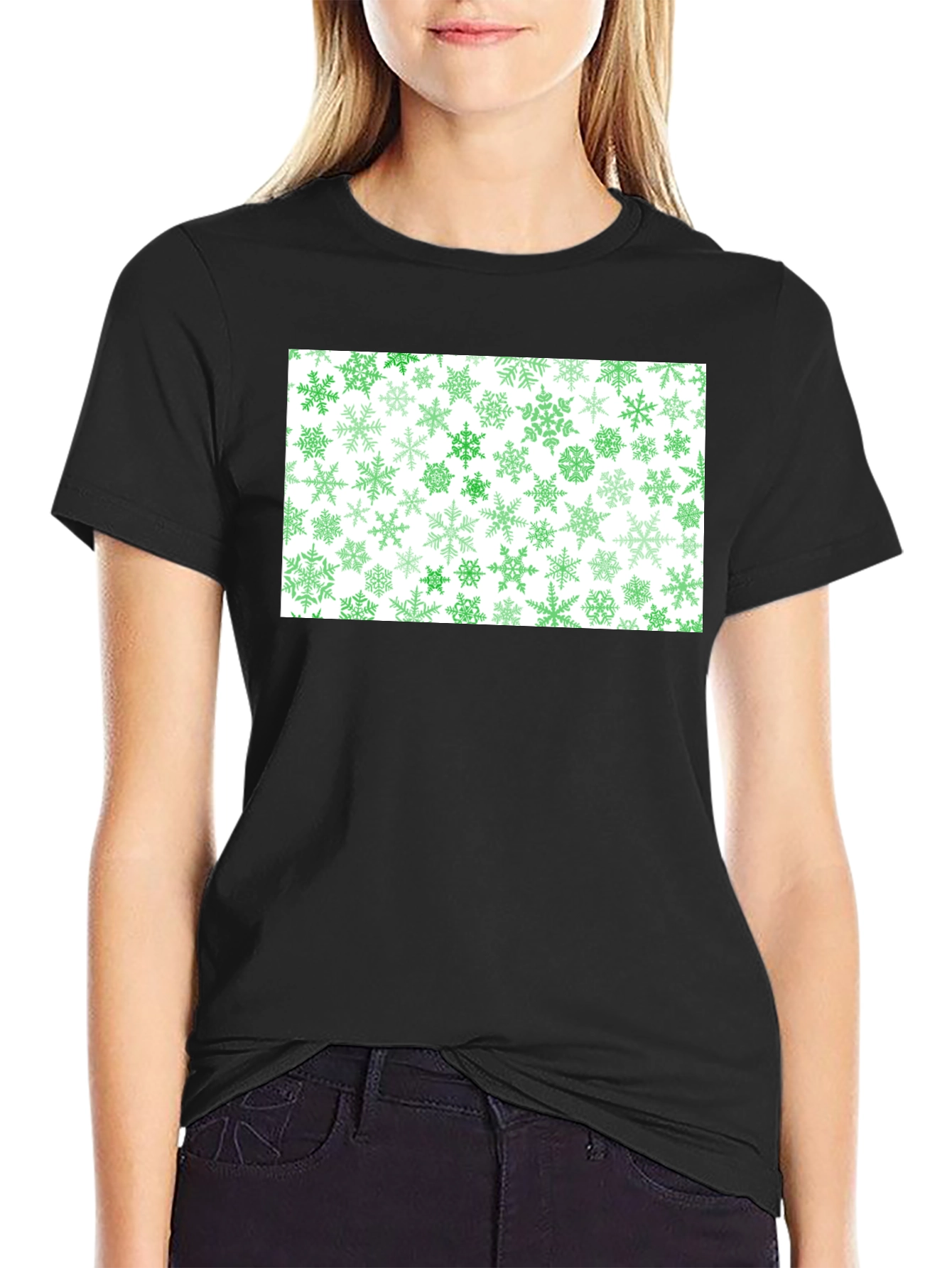 Green Snowflake Pattern Black Tee