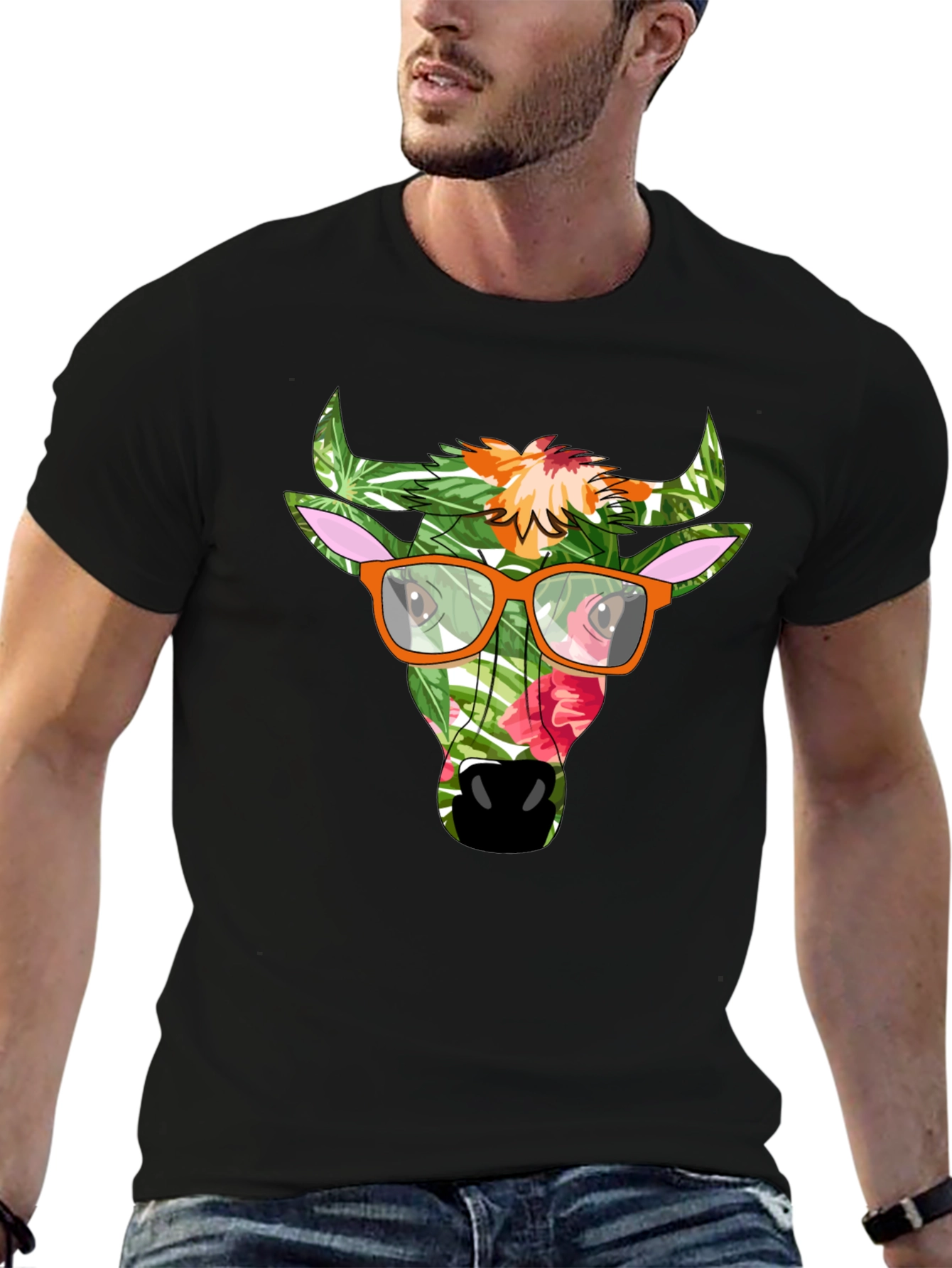 Tropical Bull Graphic Tee - Funky Mens Black T-Shirt