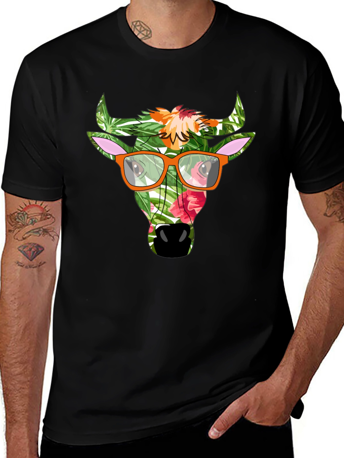 Tropical Bull Graphic Tee - Funky Mens Black T-Shirt