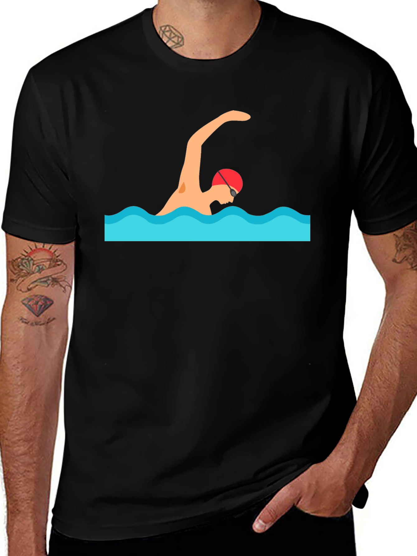 Swimmer Graphic Tee - Black Cotton T-Shirt