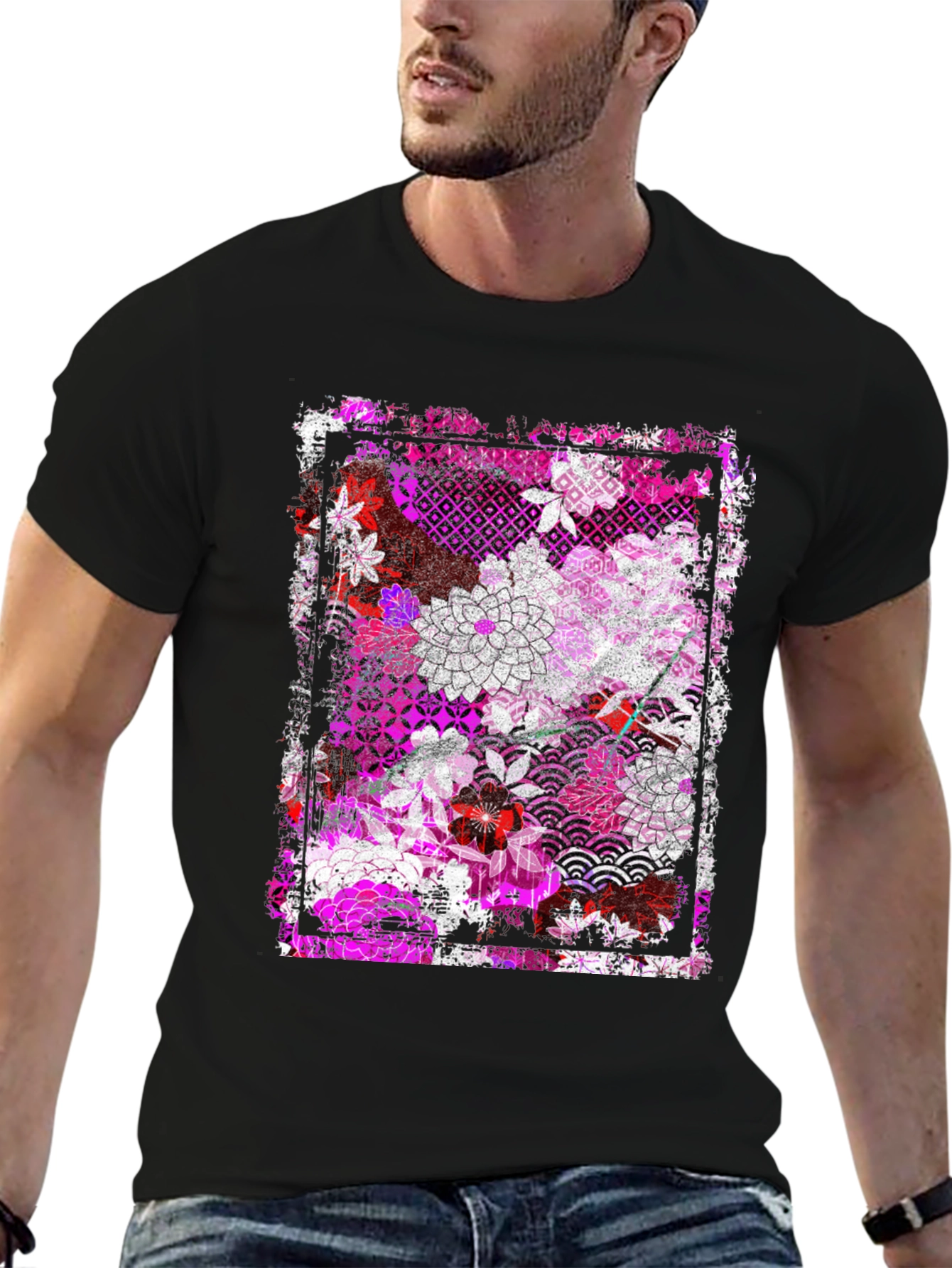 Floral Pattern Graphic Tee - Black