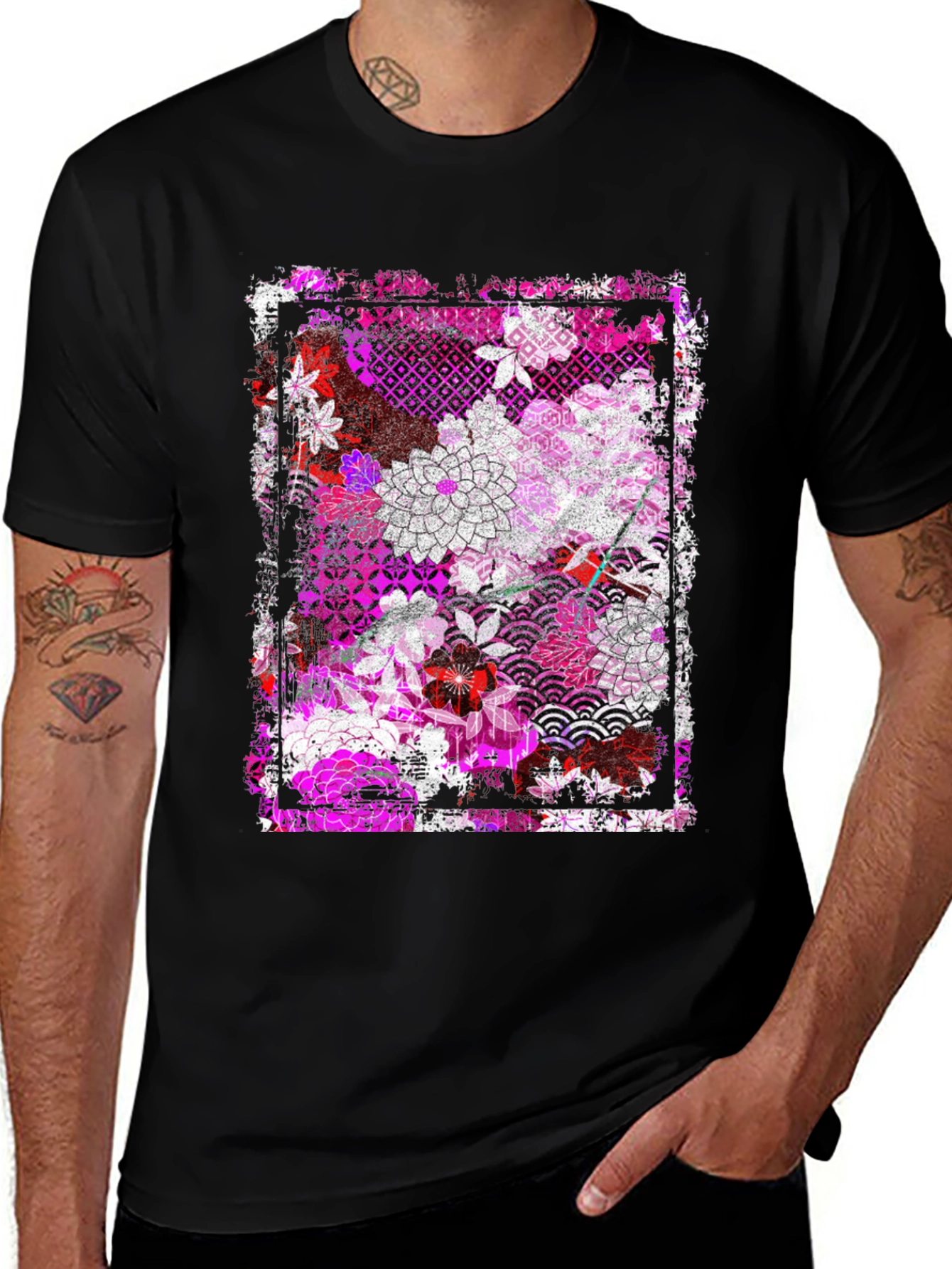 Floral Pattern Graphic Tee - Black