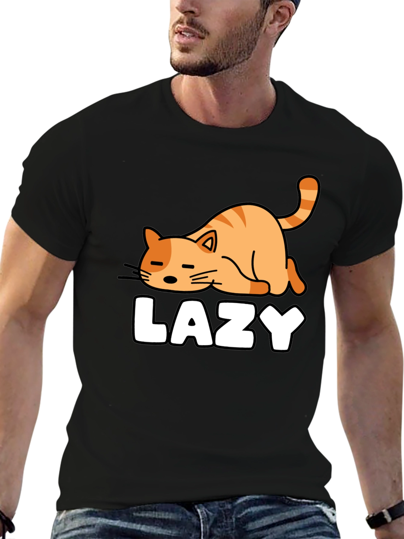 Lazy Cat Graphic Tee - Black Cotton T-Shirt
