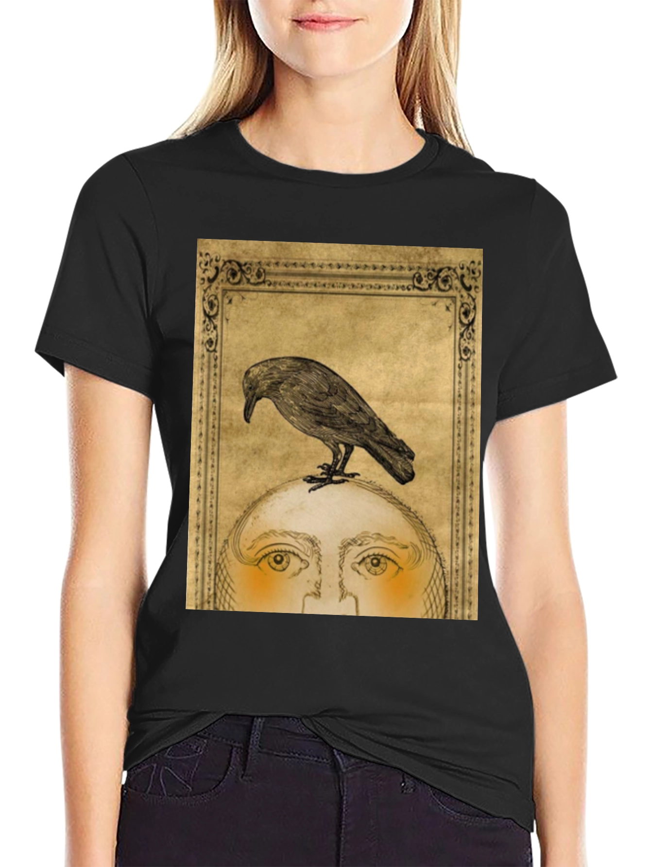 Raven Moon Face Graphic Black T-Shirt