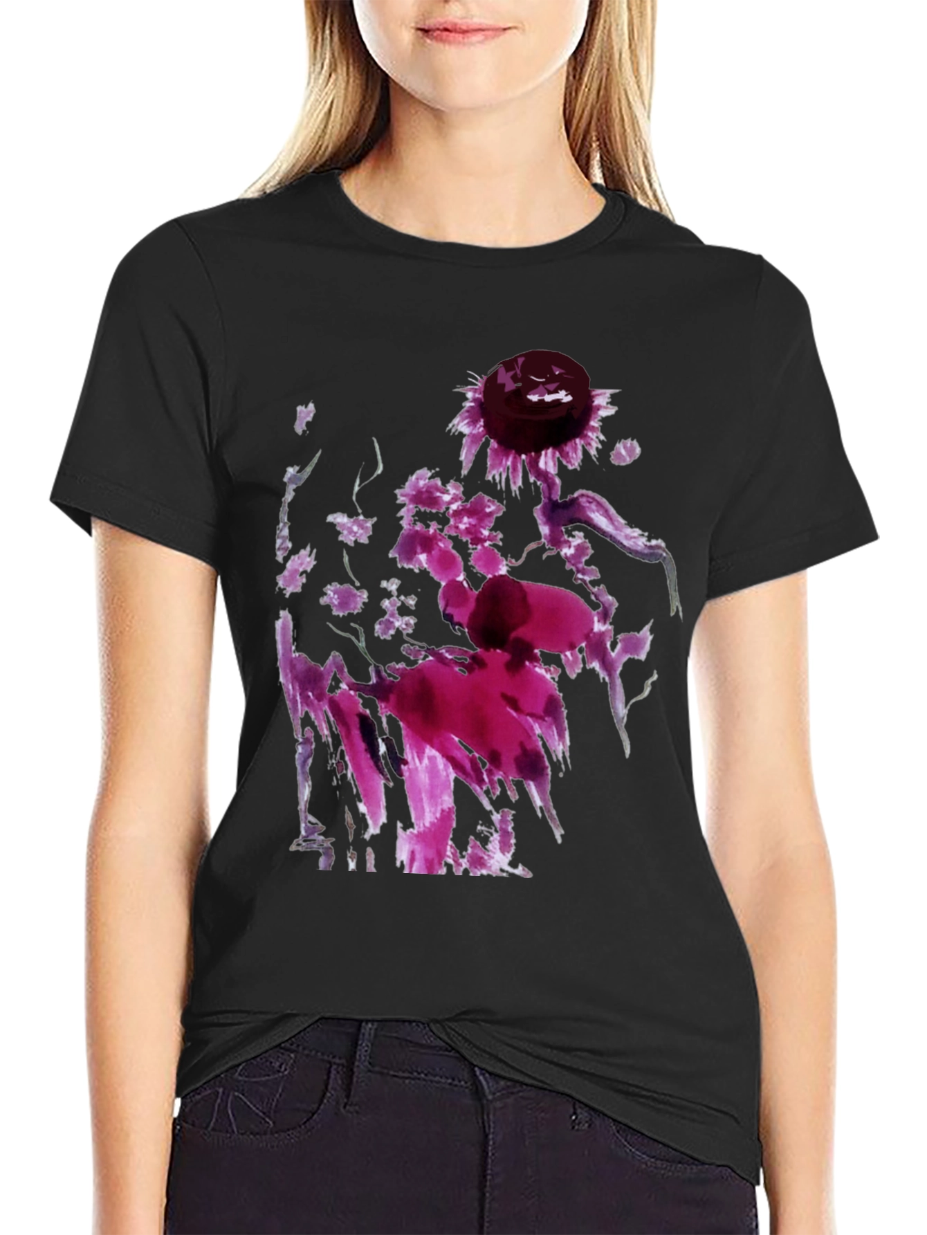 Floral Abstract Art Black T-Shirt