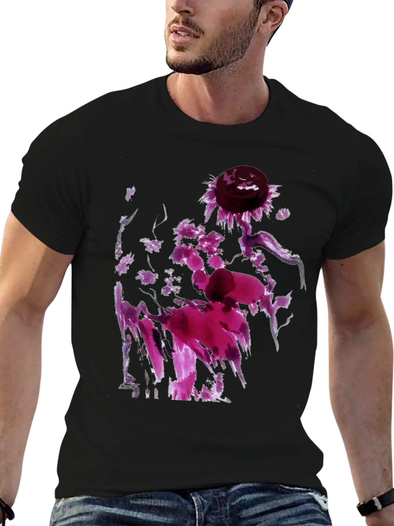 Floral Abstract Art Black T-Shirt