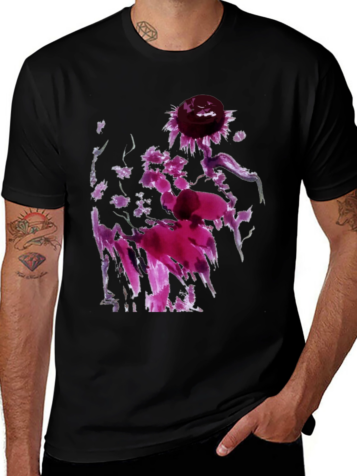 Floral Abstract Art Black T-Shirt