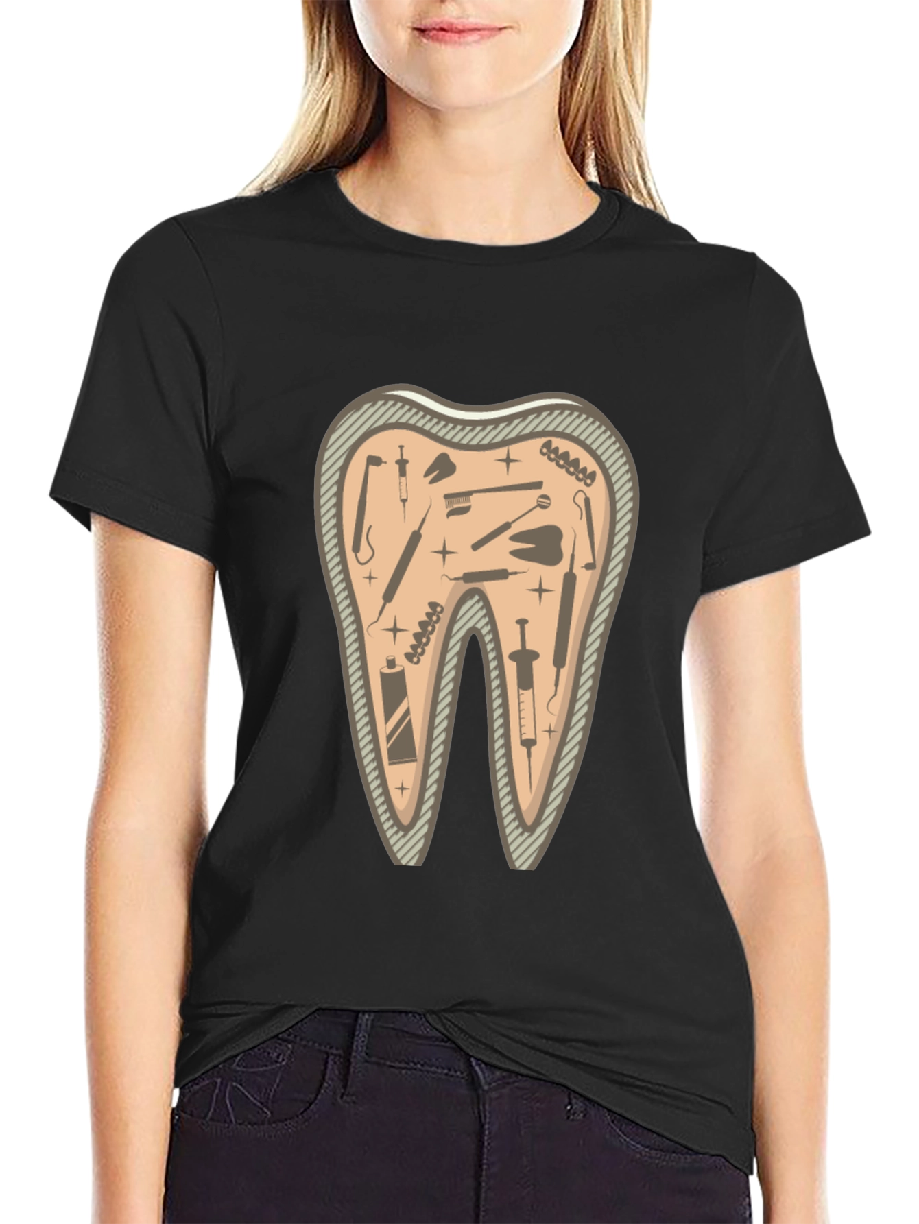Dentist Tools Tooth Graphic Tee - Black Cotton T-Shirt