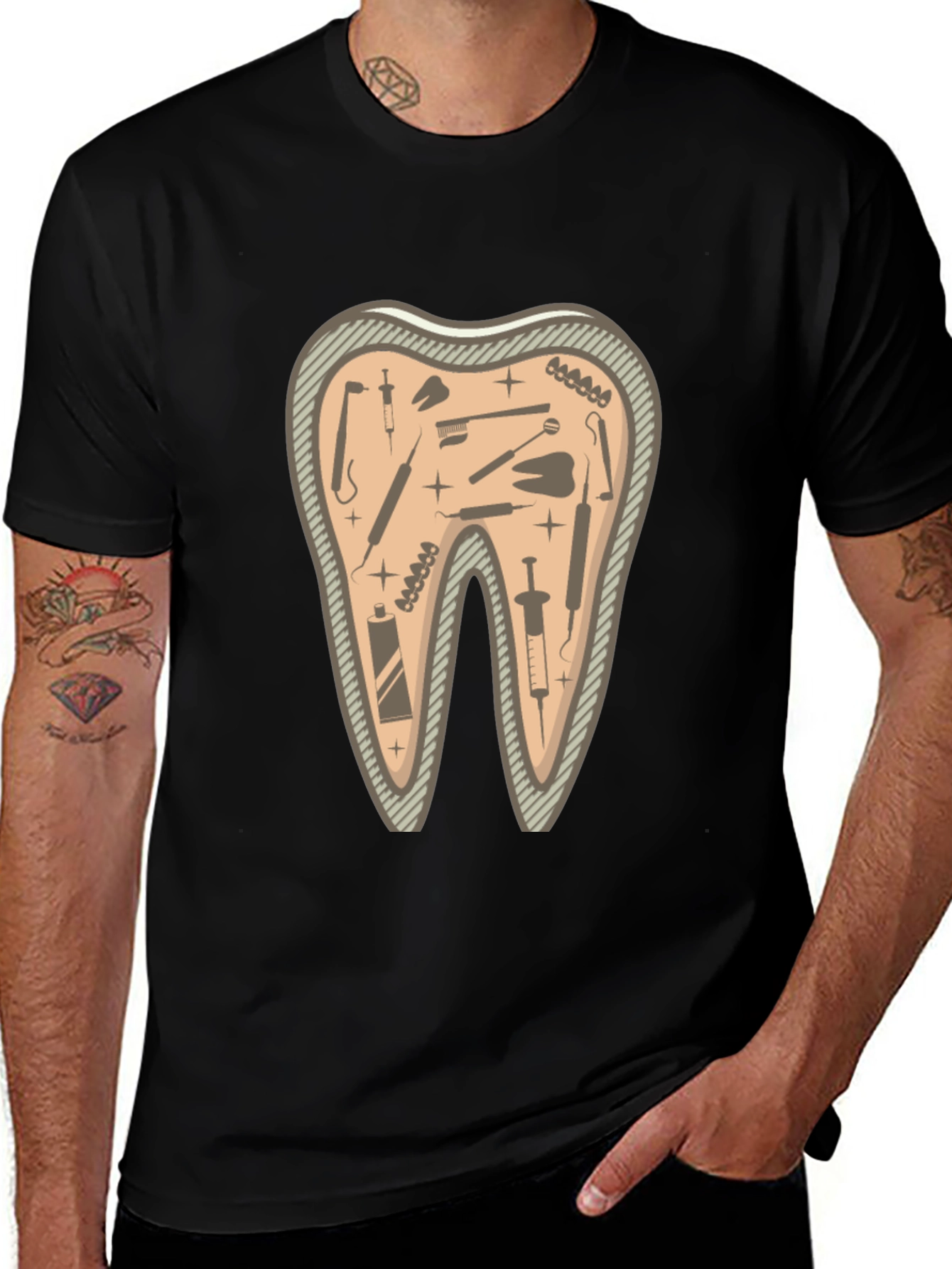 Dentist Tools Tooth Graphic Tee - Black Cotton T-Shirt