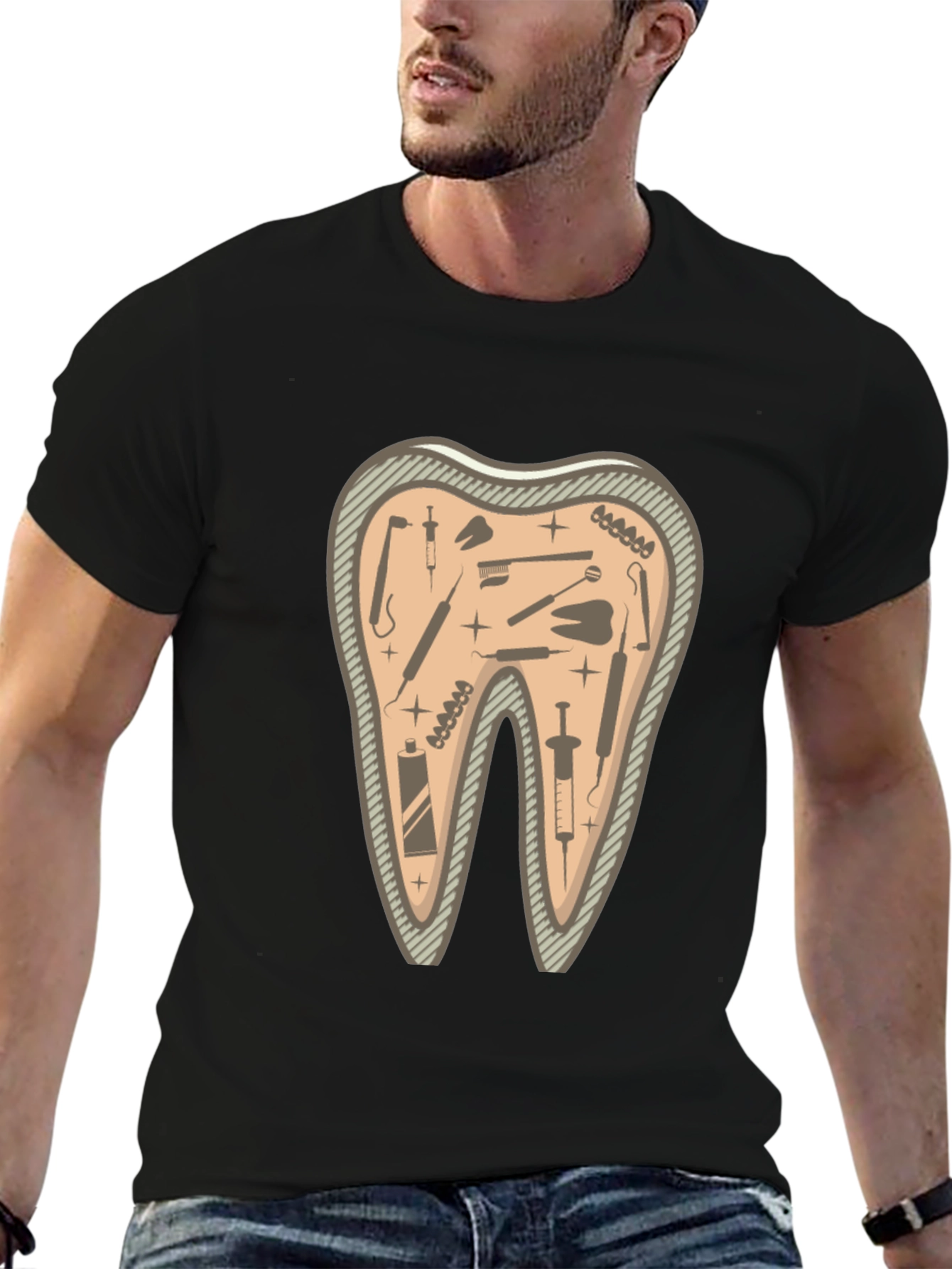 Dentist Tools Tooth Graphic Tee - Black Cotton T-Shirt